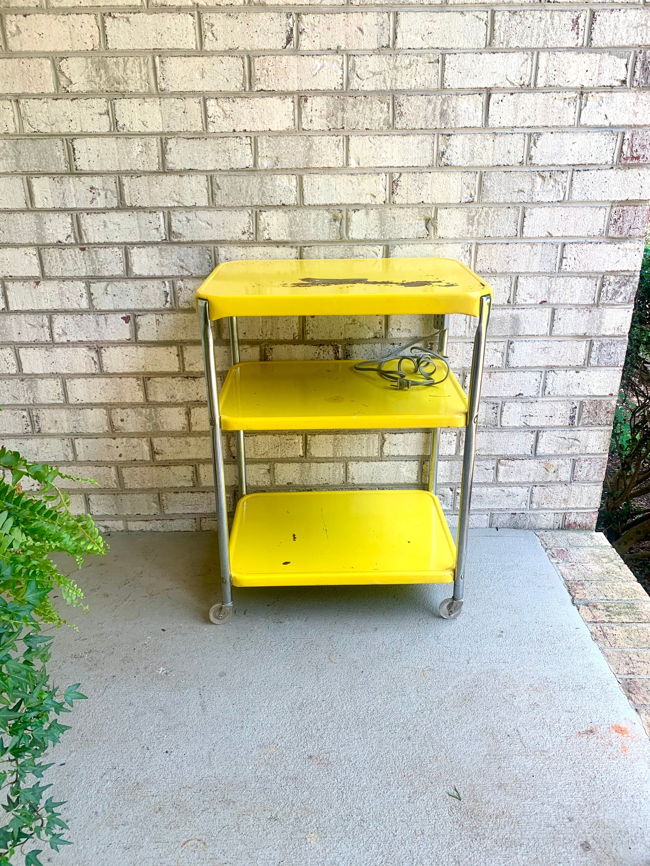 Yellow Cosco Bar Cart | MCM Metal Bar Cart | Vintage 3 Tier Bar Cart | Utility Cart | Rolling Bar Cart with Electrical Outlets