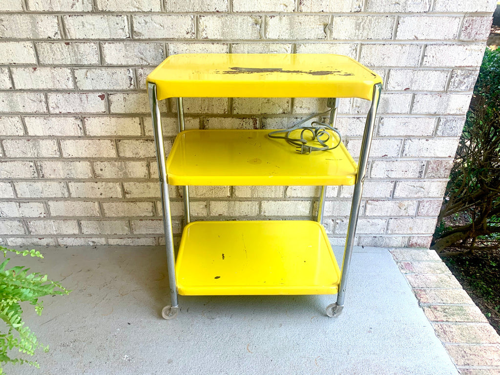 Yellow Cosco Bar Cart | MCM Metal Bar Cart | Vintage 3 Tier Bar Cart | Utility Cart | Rolling Bar Cart with Electrical Outlets