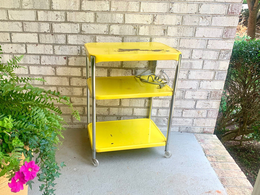 Yellow Cosco Bar Cart | MCM Metal Bar Cart | Vintage 3 Tier Bar Cart | Utility Cart | Rolling Bar Cart with Electrical Outlets
