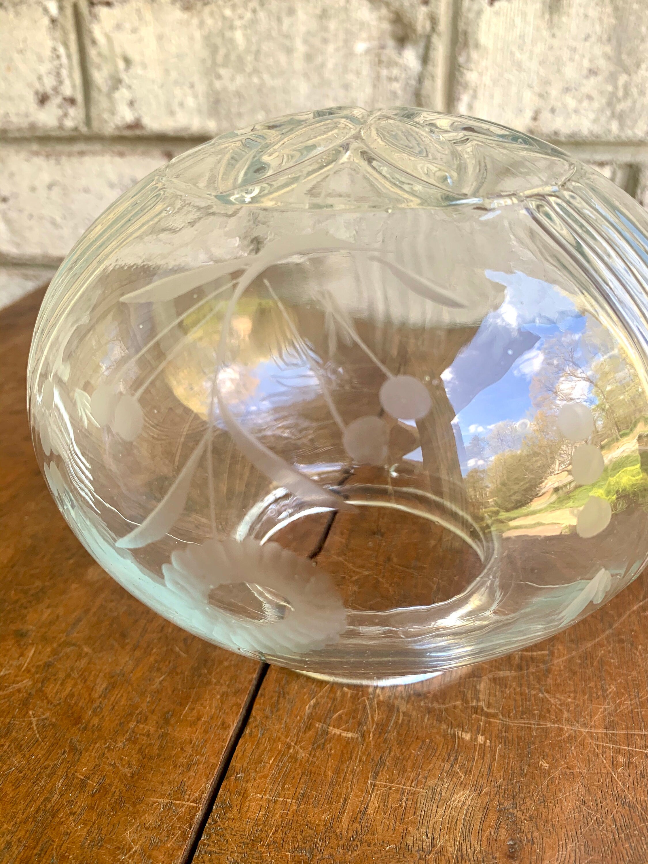 Vtg Etched Glass Floral Ceiling Light Globe | Clear Etched Glass Lamp Globe | Mid Century Etched Glass Globe