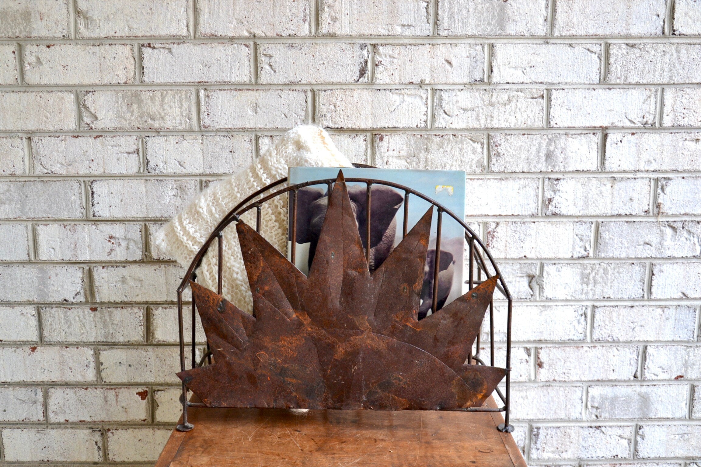 Rustic Magazine Rack | Distressed Vinyl Record Storage Rack | Haitian Magazine Storage Rack | Rustic Metal Storage Rack | Western Decor