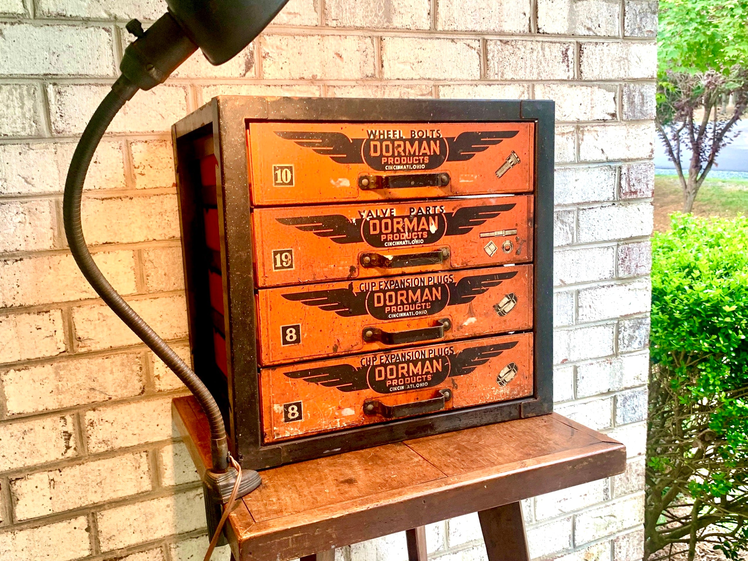 Vintage Dorman Products Parts Bin | Heavy Duty 4 Drawer Parts Bin | Industrial Advertisement Parts Cabinet | Automotive Parts Cabinet