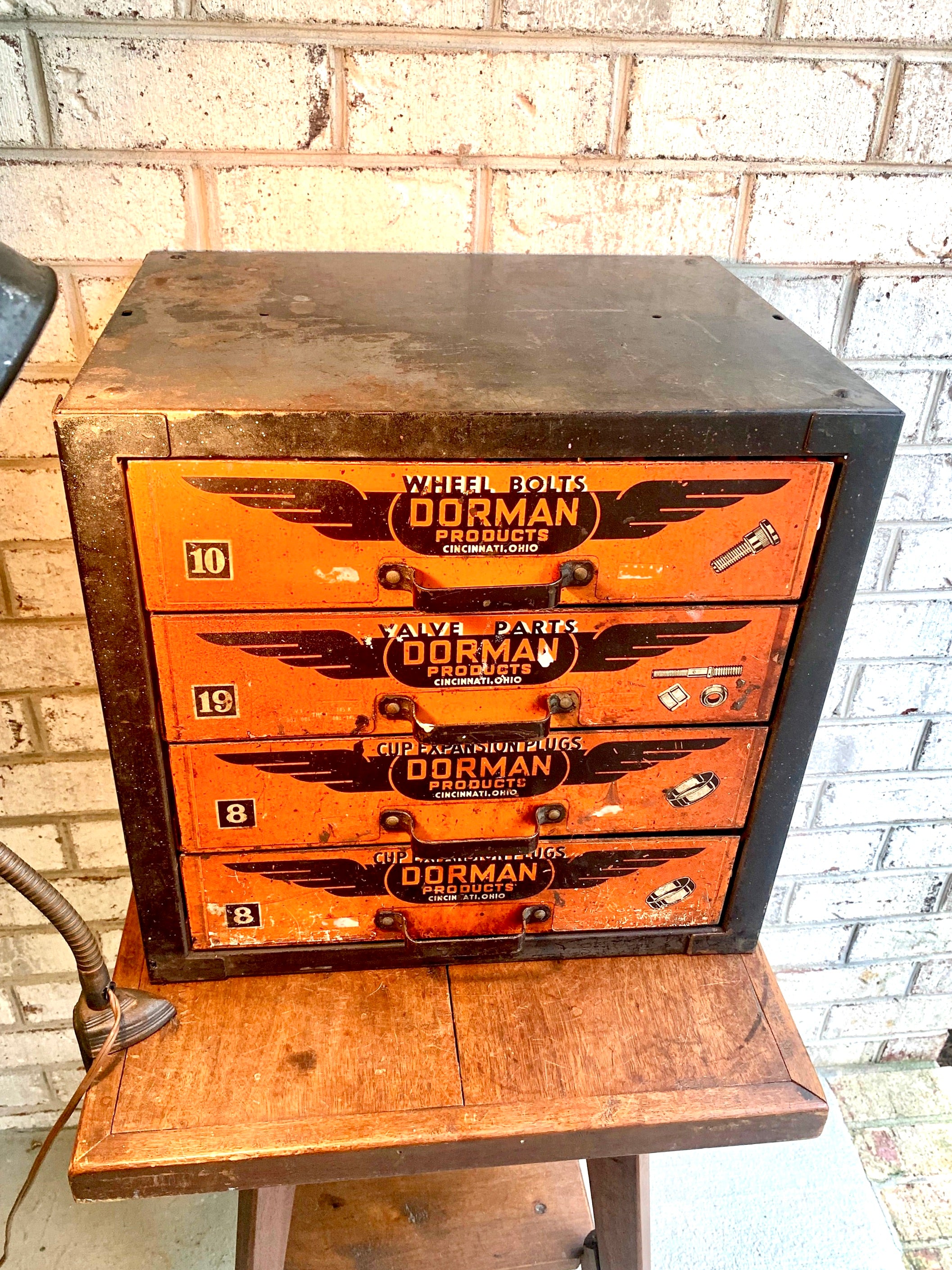 Vintage Dorman Products Parts Bin | Heavy Duty 4 Drawer Parts Bin | Industrial Advertisement Parts Cabinet | Automotive Parts Cabinet