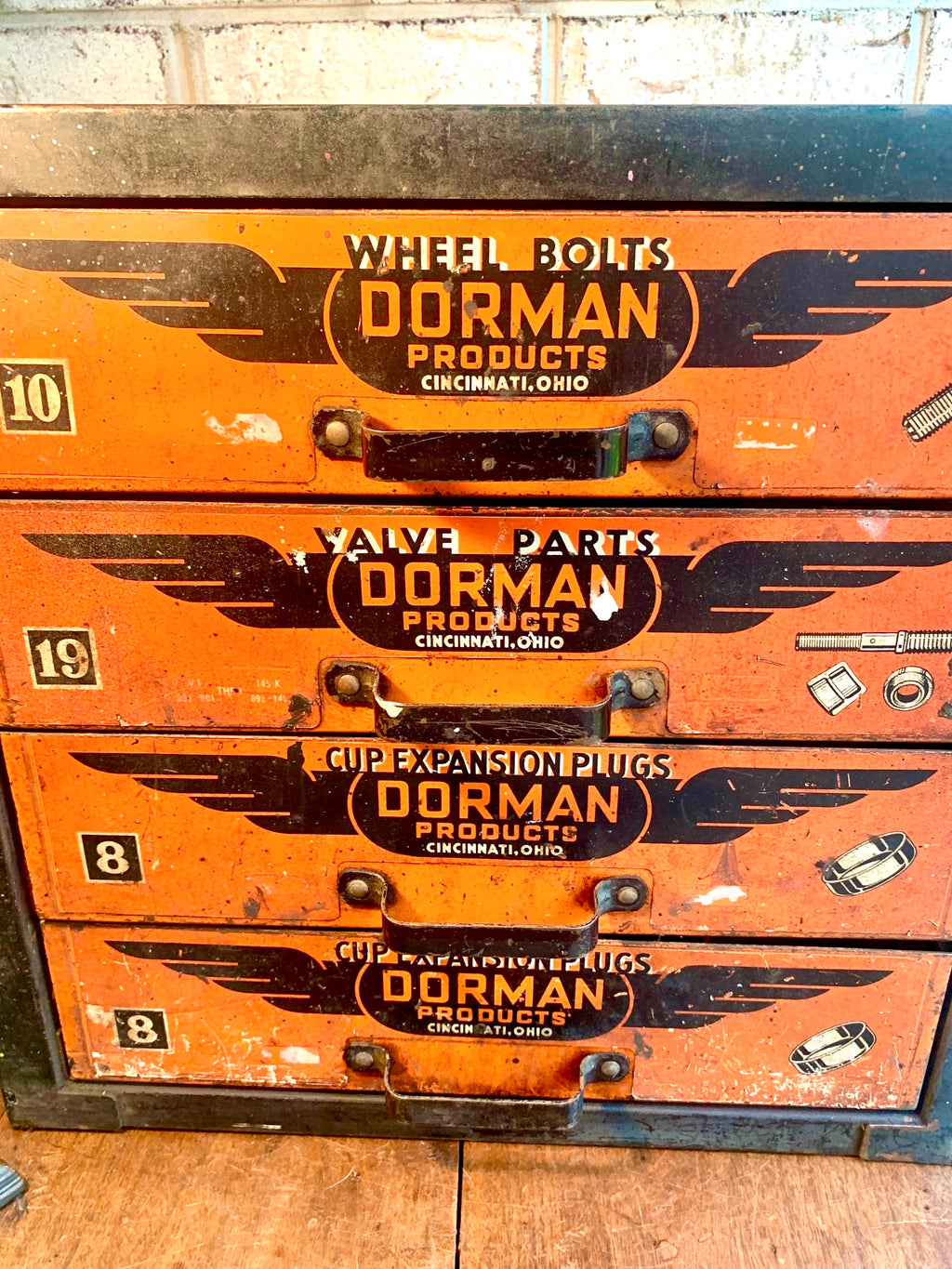 Vintage Dorman Products Parts Bin | Heavy Duty 4 Drawer Parts Bin | Industrial Advertisement Parts Cabinet | Automotive Parts Cabinet