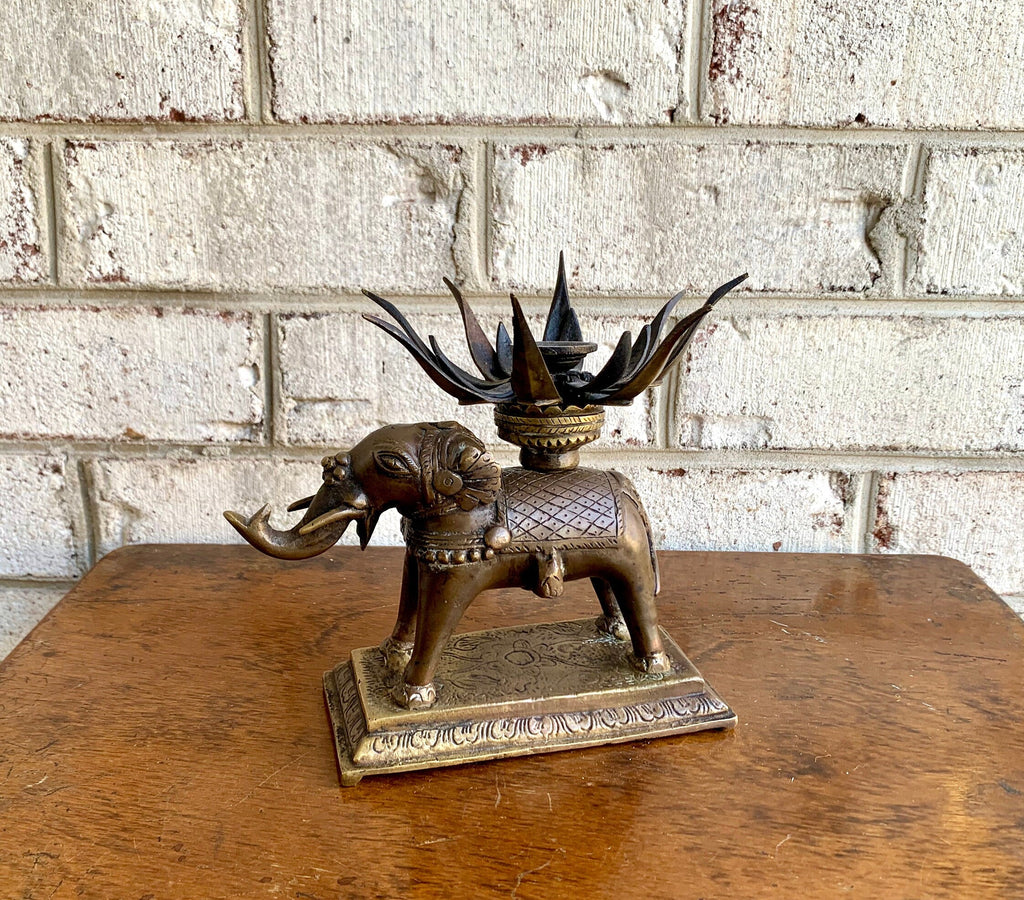 Vtg Brass Elephant Incense Burner | Brass Lotus Flower Elephant Incense Burner | Mechanical Lotus Flower On an Brass Elephant
