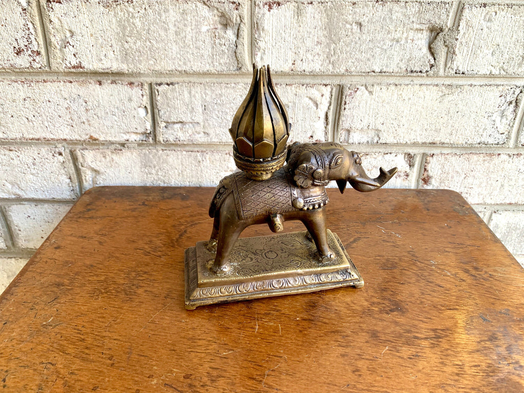 Vtg Brass Elephant Incense Burner | Brass Lotus Flower Elephant Incense Burner | Mechanical Lotus Flower On an Brass Elephant