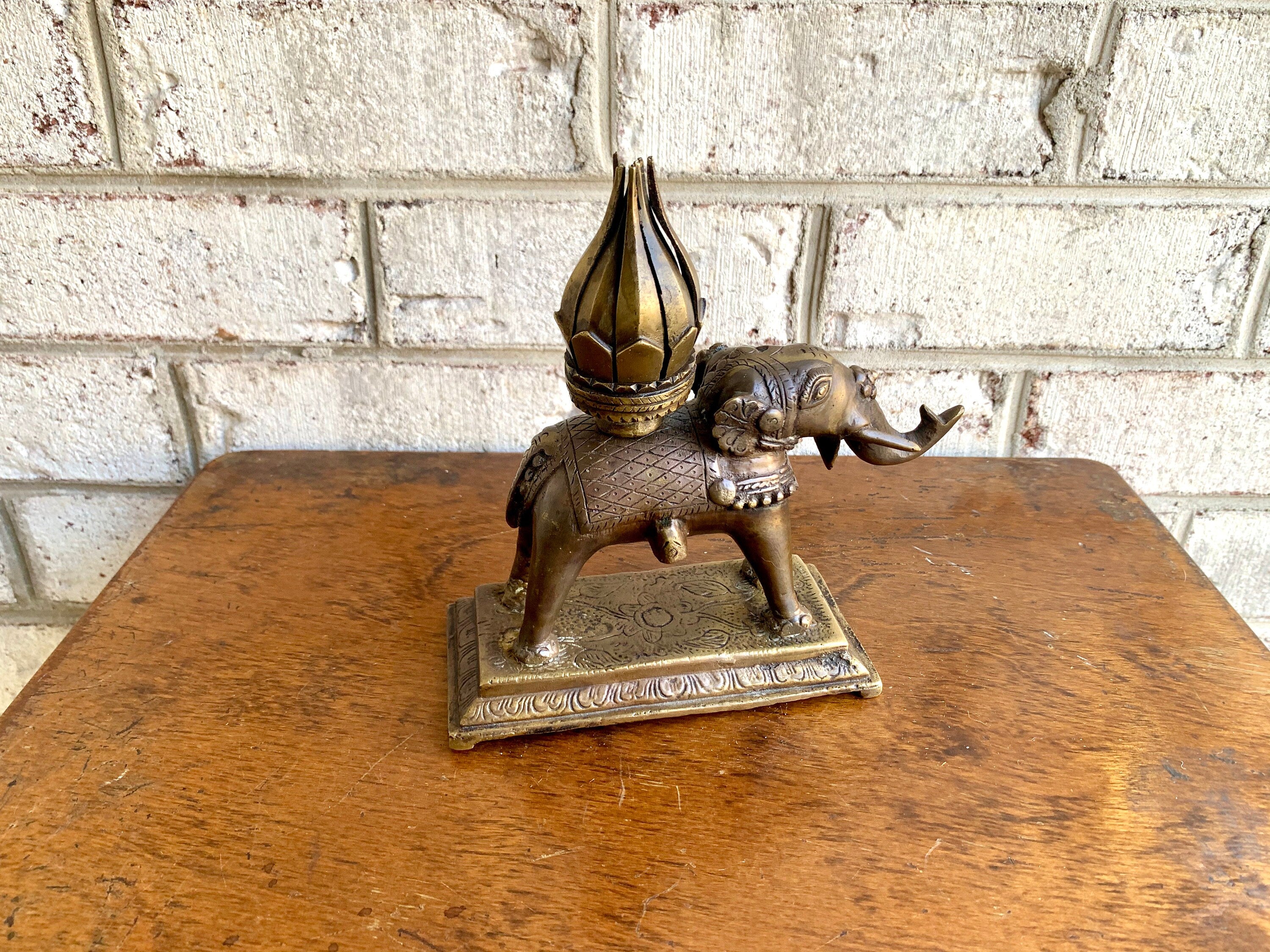 Vtg Brass Elephant Incense Burner | Brass Lotus Flower Elephant Incense Burner | Mechanical Lotus Flower On an Brass Elephant
