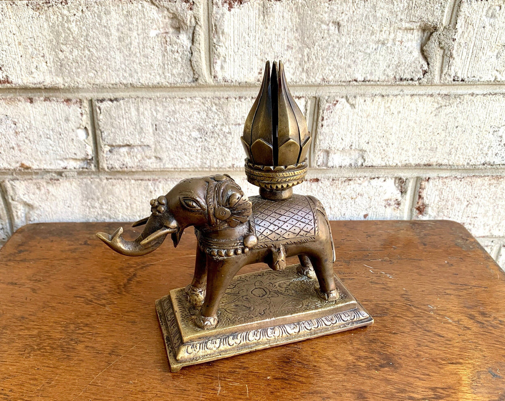 Vtg Brass Elephant Incense Burner | Brass Lotus Flower Elephant Incense Burner | Mechanical Lotus Flower On an Brass Elephant