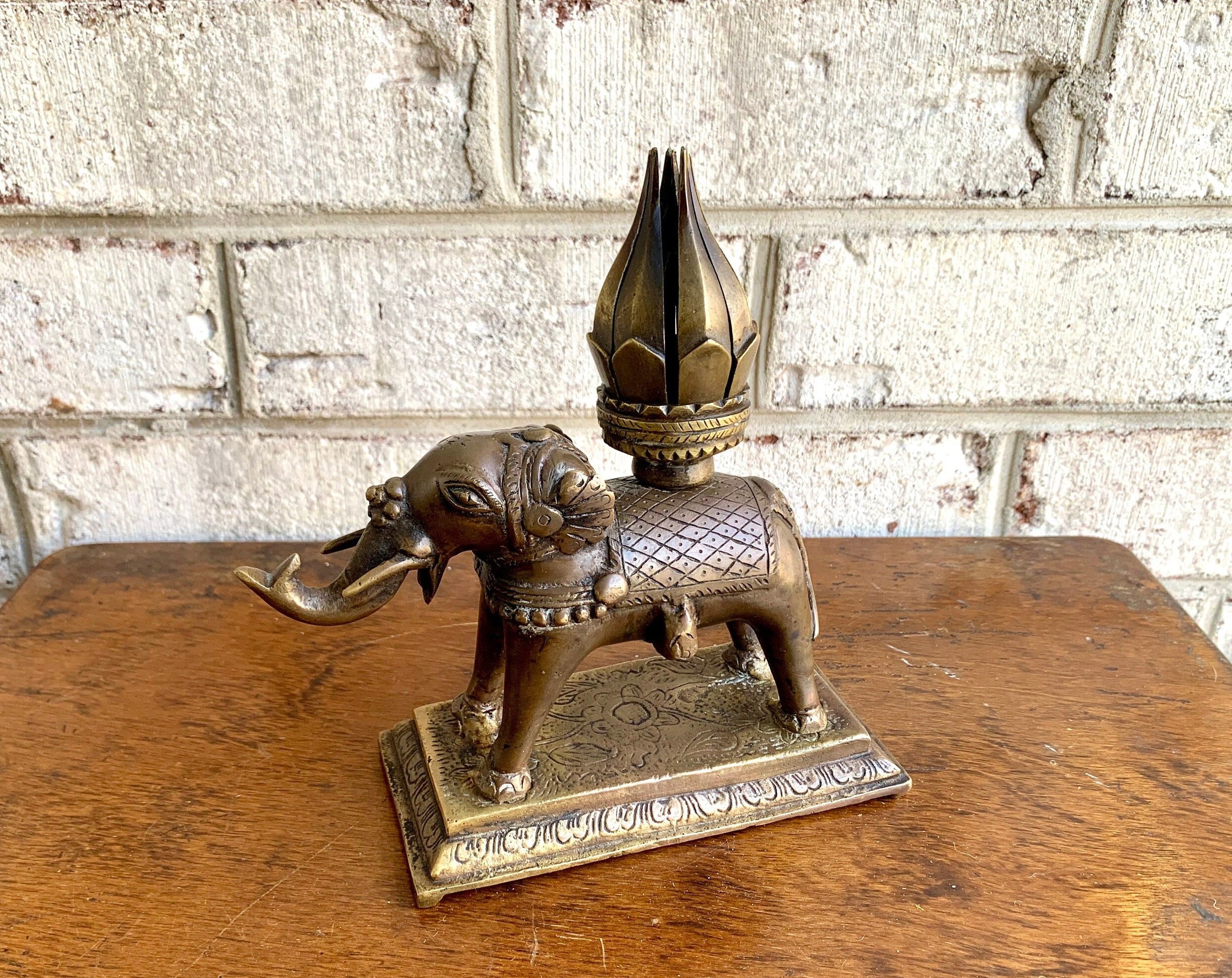 Vtg Brass Elephant Incense Burner | Brass Lotus Flower Elephant Incense Burner | Mechanical Lotus Flower On an Brass Elephant