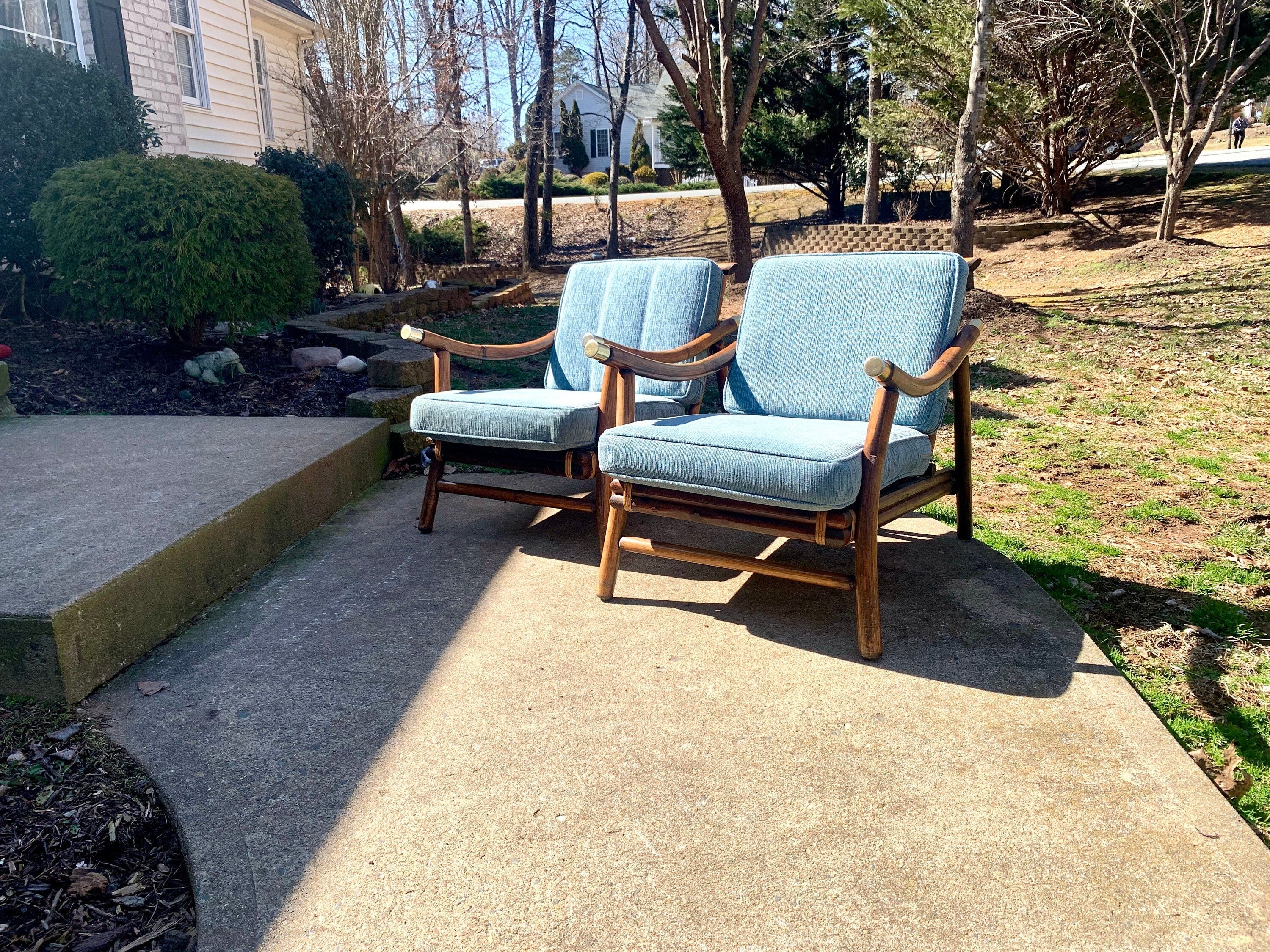 Pair of John Wisner Style Bamboo Lounge Chairs | Ficks Reed John Wisner MCM Lounge Chairs | Rattan MCM Lounge Chairs