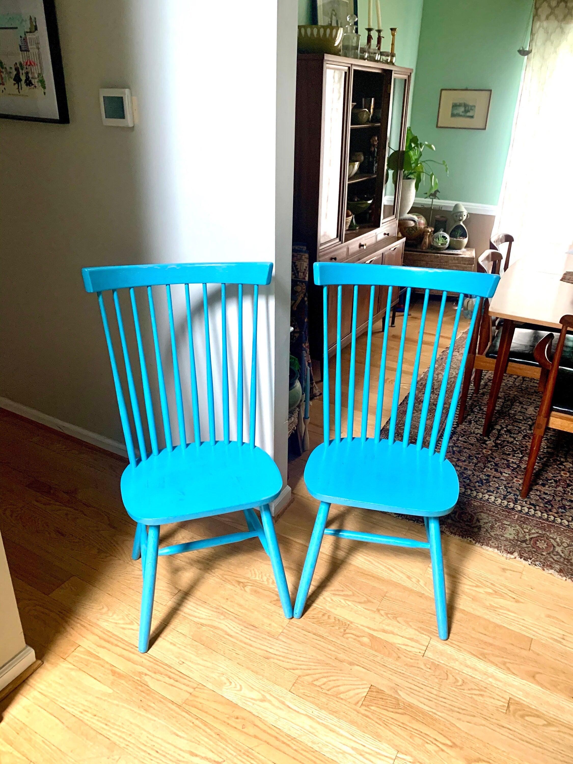 Two Blue Tall Windsor Chairs | Crinkle Painted Windsor Chairs | Matching Blue Tall Back Chairs | Pair of Tall Fan Back Chairs |Dining Chairs