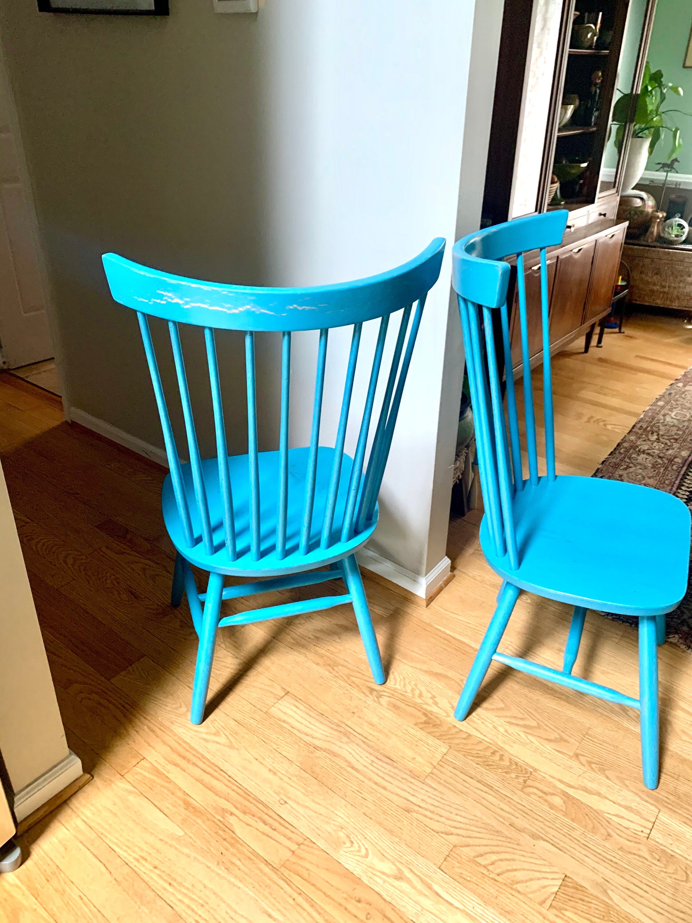 Two Blue Tall Windsor Chairs | Crinkle Painted Windsor Chairs | Matching Blue Tall Back Chairs | Pair of Tall Fan Back Chairs |Dining Chairs