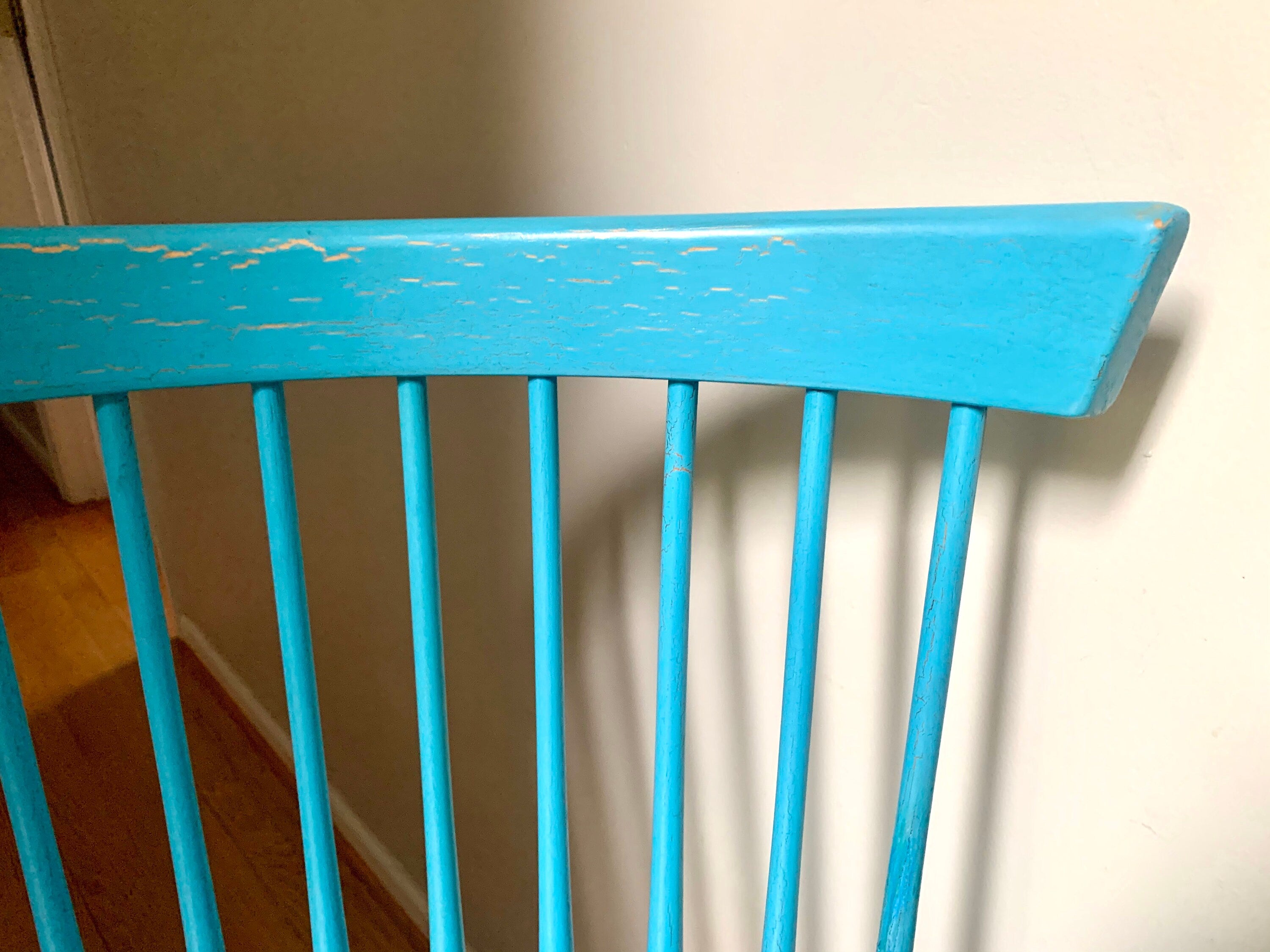 Two Blue Tall Windsor Chairs | Crinkle Painted Windsor Chairs | Matching Blue Tall Back Chairs | Pair of Tall Fan Back Chairs |Dining Chairs