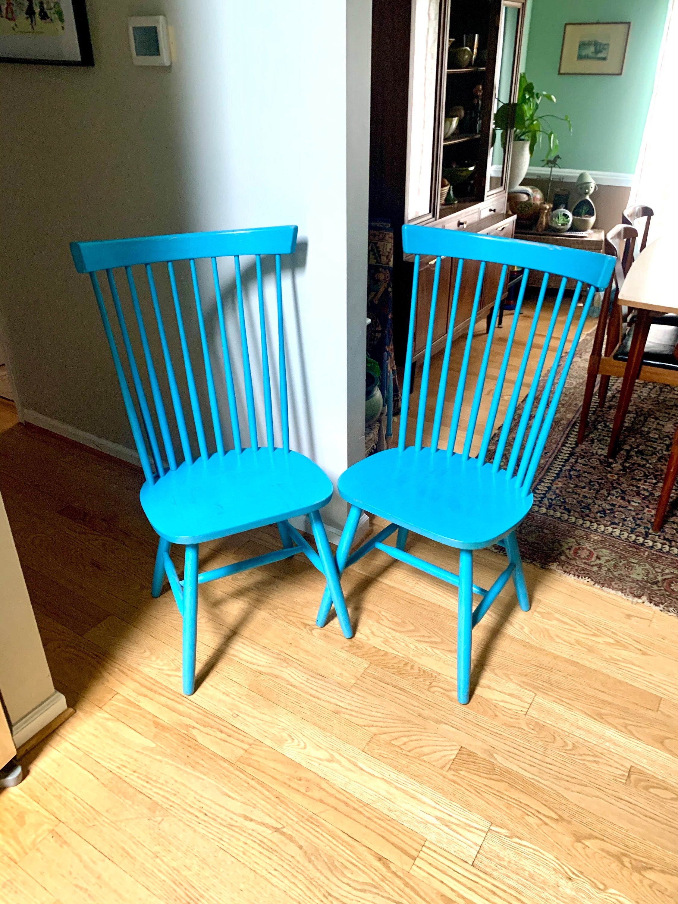 Two Blue Tall Windsor Chairs | Crinkle Painted Windsor Chairs | Matching Blue Tall Back Chairs | Pair of Tall Fan Back Chairs |Dining Chairs