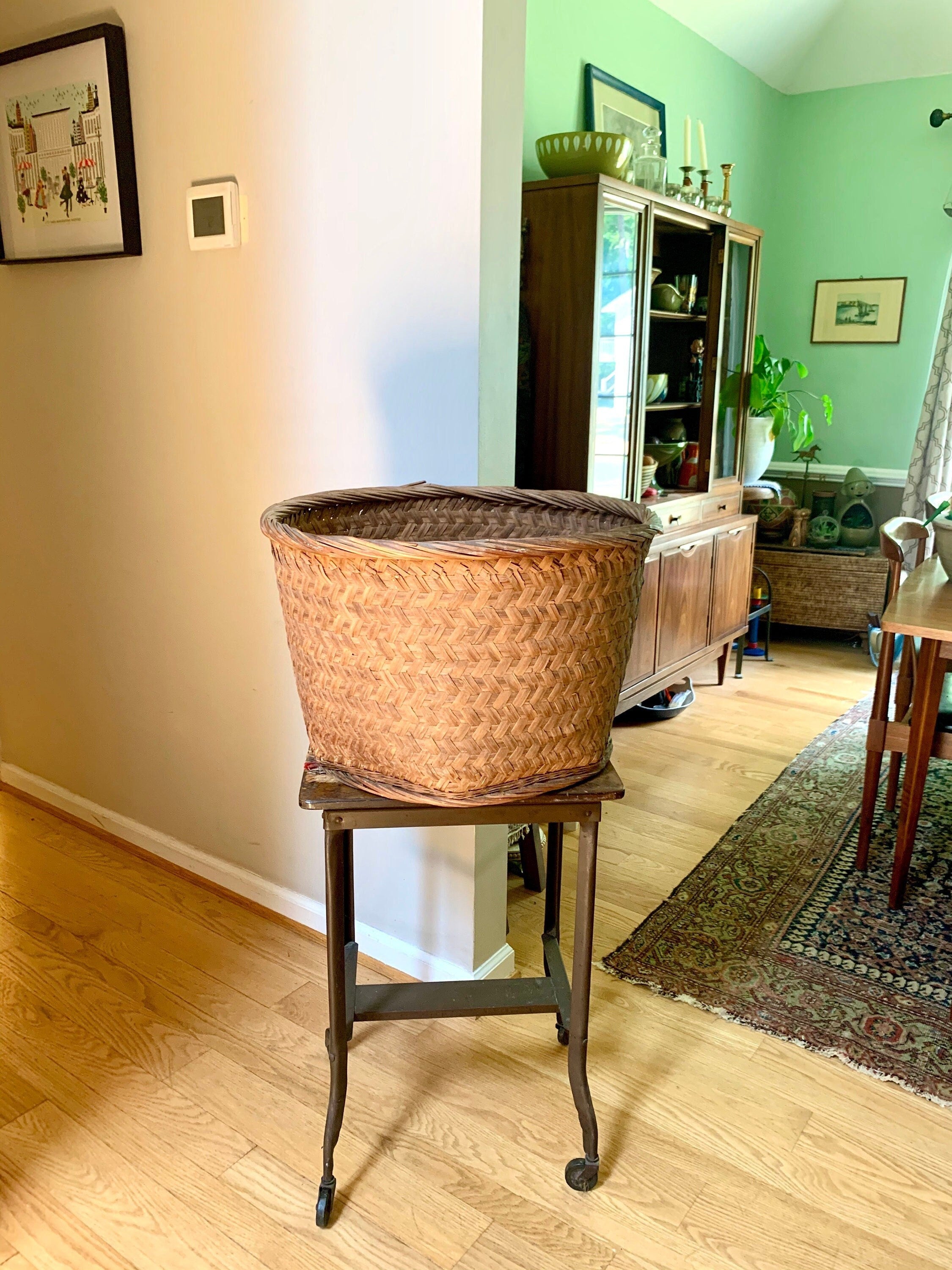 Vintage XL Wicker Basket  | Large Rattan Basket | Wicker Hamper | Woven Wicker Blanket Storage | Bohemian Storage | Antique Rattan Basket