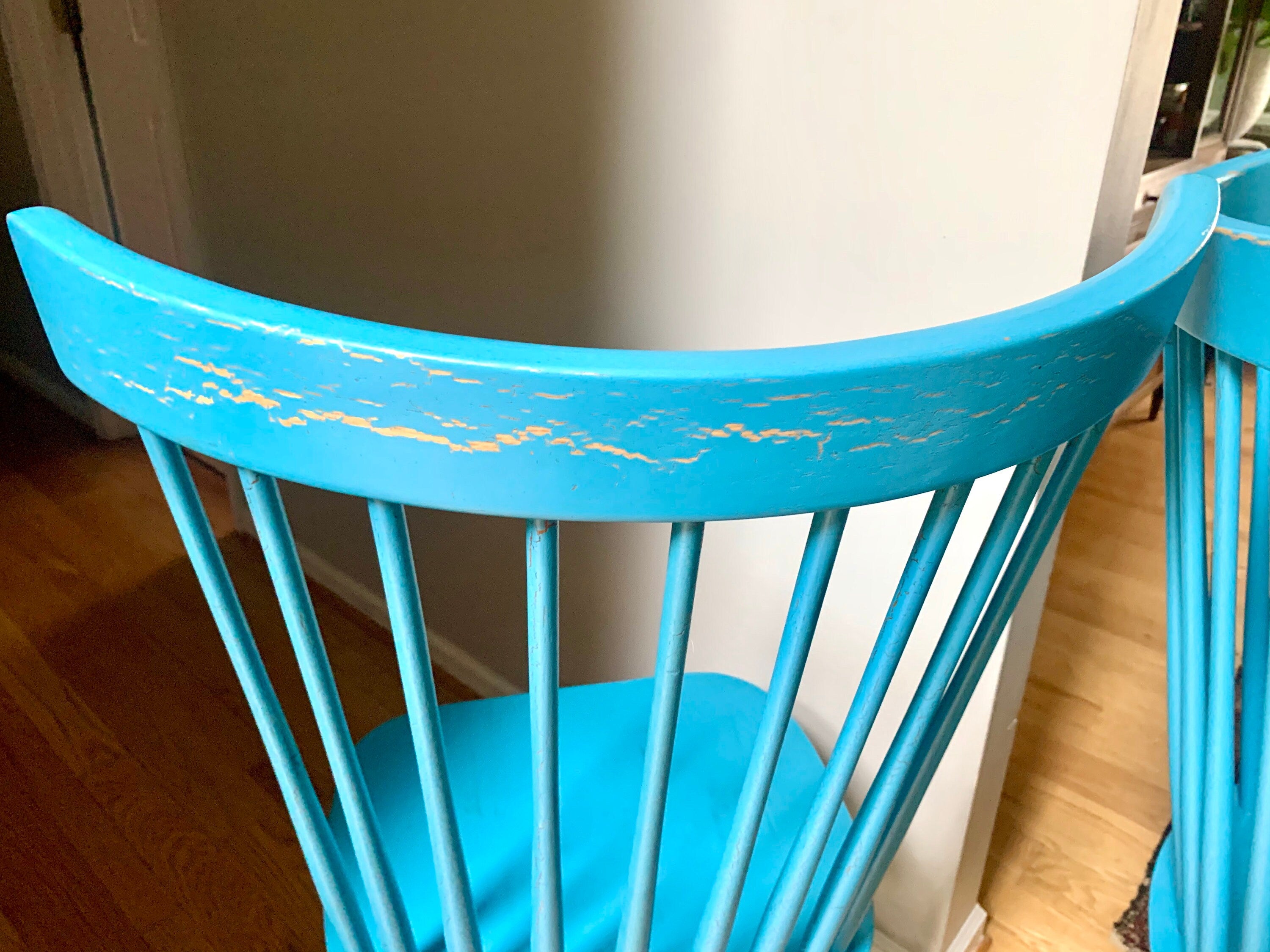 Two Blue Tall Windsor Chairs | Crinkle Painted Windsor Chairs | Matching Blue Tall Back Chairs | Pair of Tall Fan Back Chairs |Dining Chairs