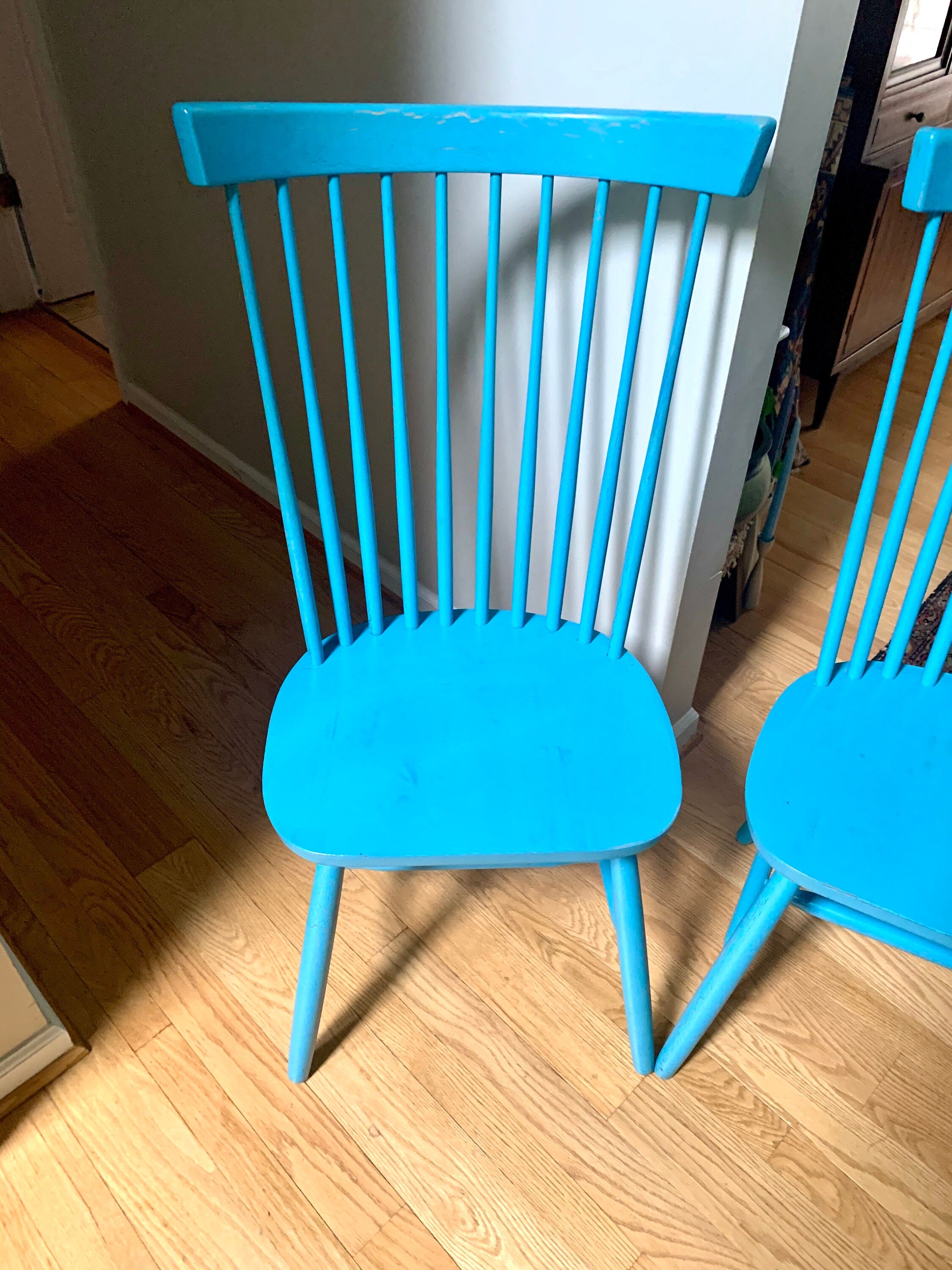 Two Blue Tall Windsor Chairs | Crinkle Painted Windsor Chairs | Matching Blue Tall Back Chairs | Pair of Tall Fan Back Chairs |Dining Chairs