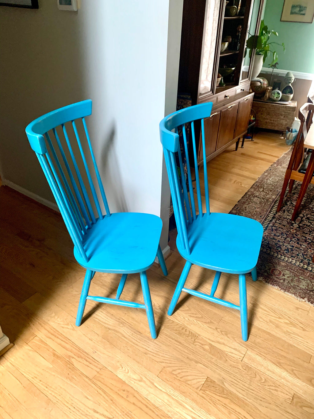 Two Blue Tall Windsor Chairs | Crinkle Painted Windsor Chairs | Matching Blue Tall Back Chairs | Pair of Tall Fan Back Chairs |Dining Chairs