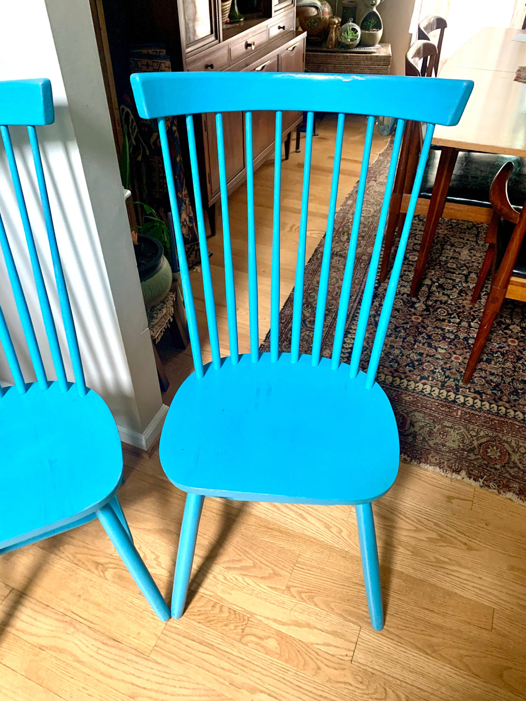 Two Blue Tall Windsor Chairs | Crinkle Painted Windsor Chairs | Matching Blue Tall Back Chairs | Pair of Tall Fan Back Chairs |Dining Chairs