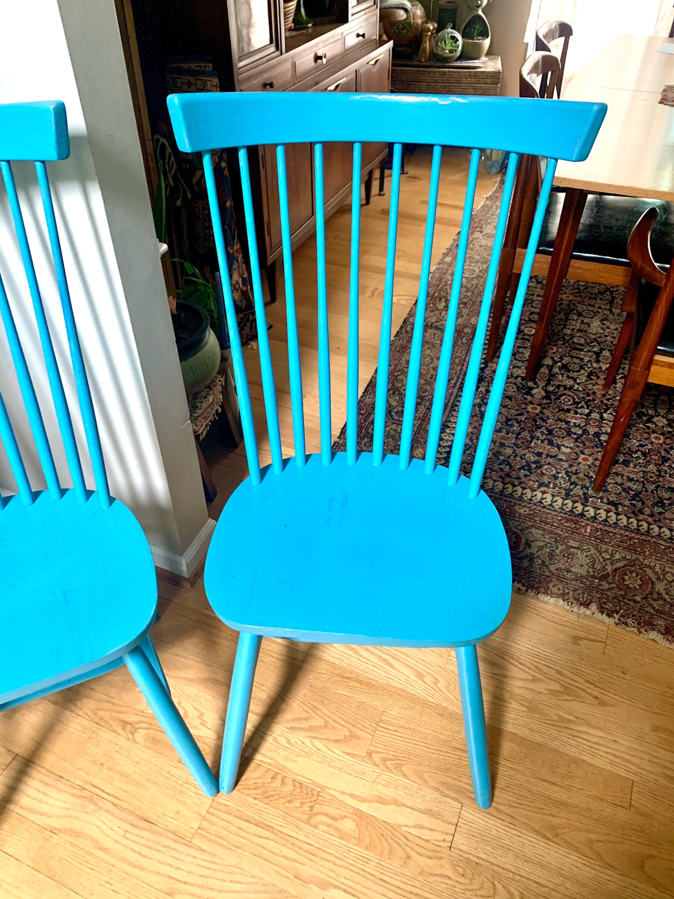 Two Blue Tall Windsor Chairs | Crinkle Painted Windsor Chairs | Matching Blue Tall Back Chairs | Pair of Tall Fan Back Chairs |Dining Chairs
