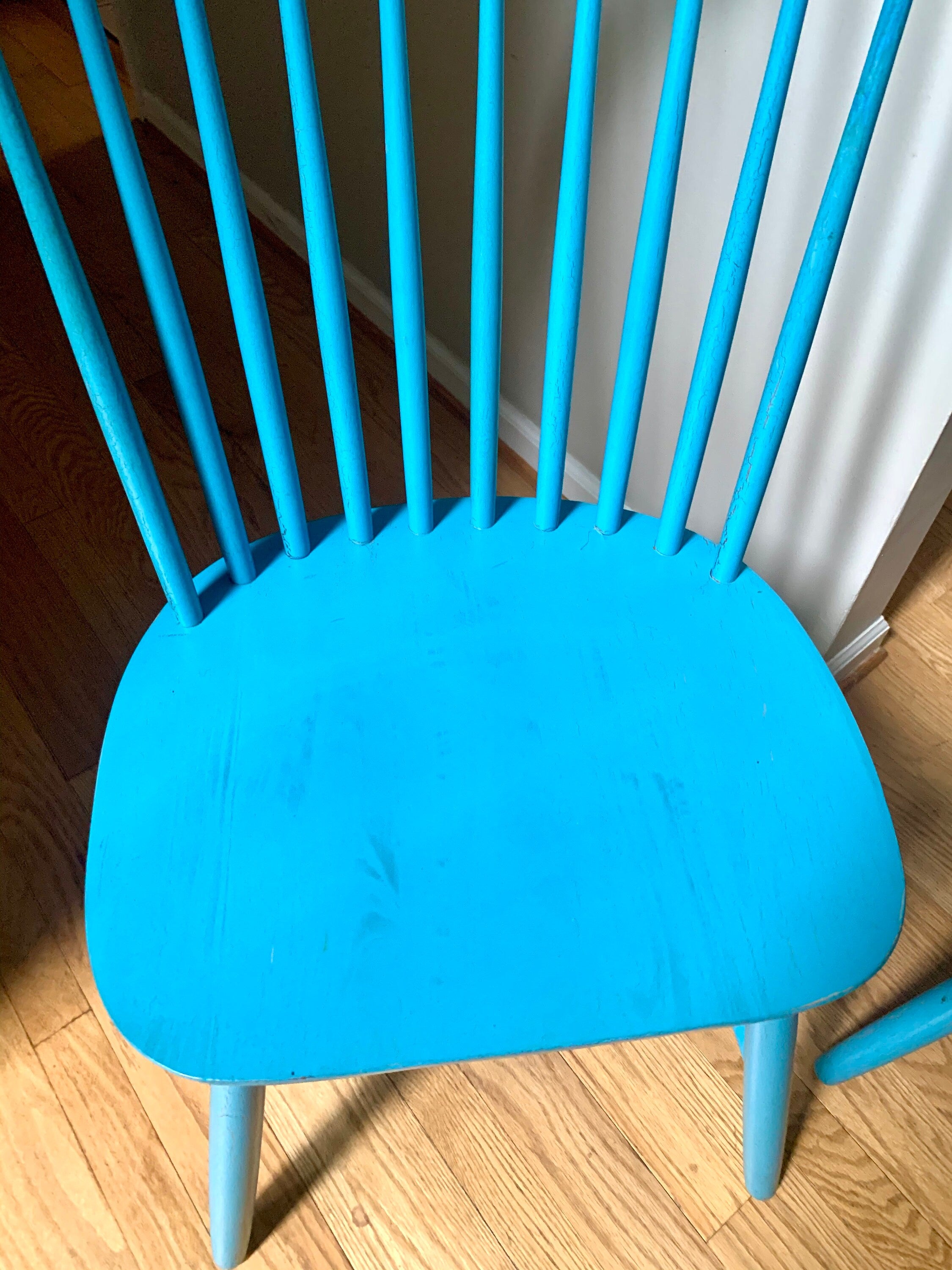Two Blue Tall Windsor Chairs | Crinkle Painted Windsor Chairs | Matching Blue Tall Back Chairs | Pair of Tall Fan Back Chairs |Dining Chairs