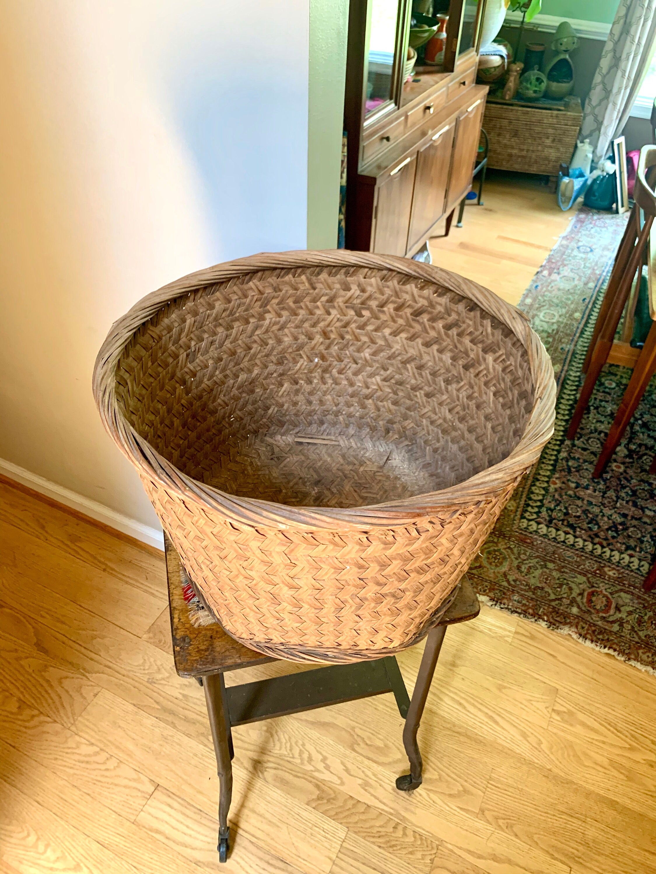 Vintage XL Wicker Basket  | Large Rattan Basket | Wicker Hamper | Woven Wicker Blanket Storage | Bohemian Storage | Antique Rattan Basket