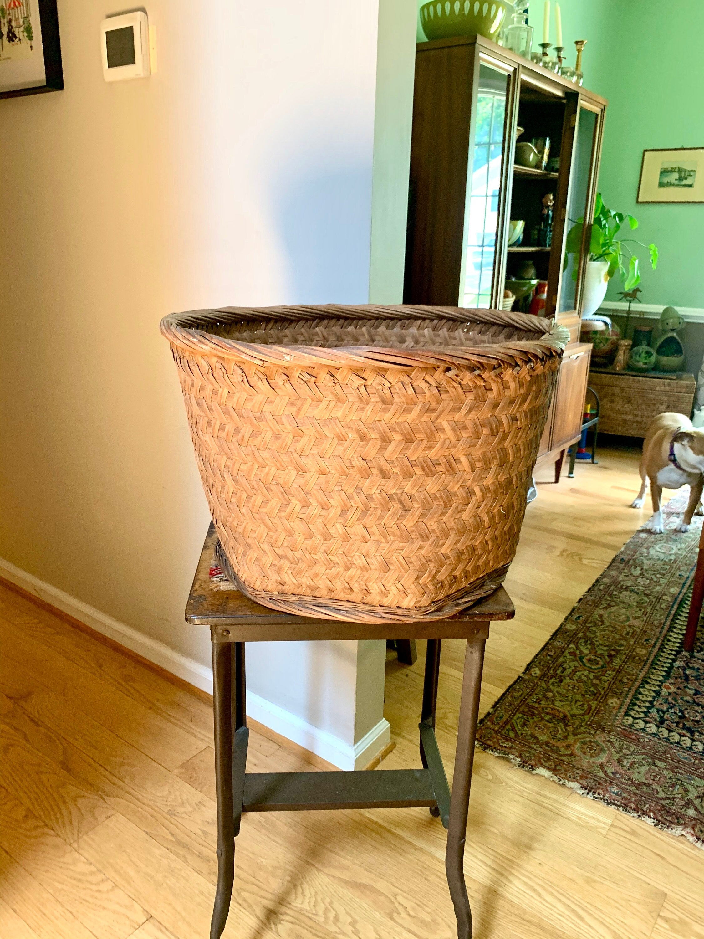 Vintage XL Wicker Basket  | Large Rattan Basket | Wicker Hamper | Woven Wicker Blanket Storage | Bohemian Storage | Antique Rattan Basket