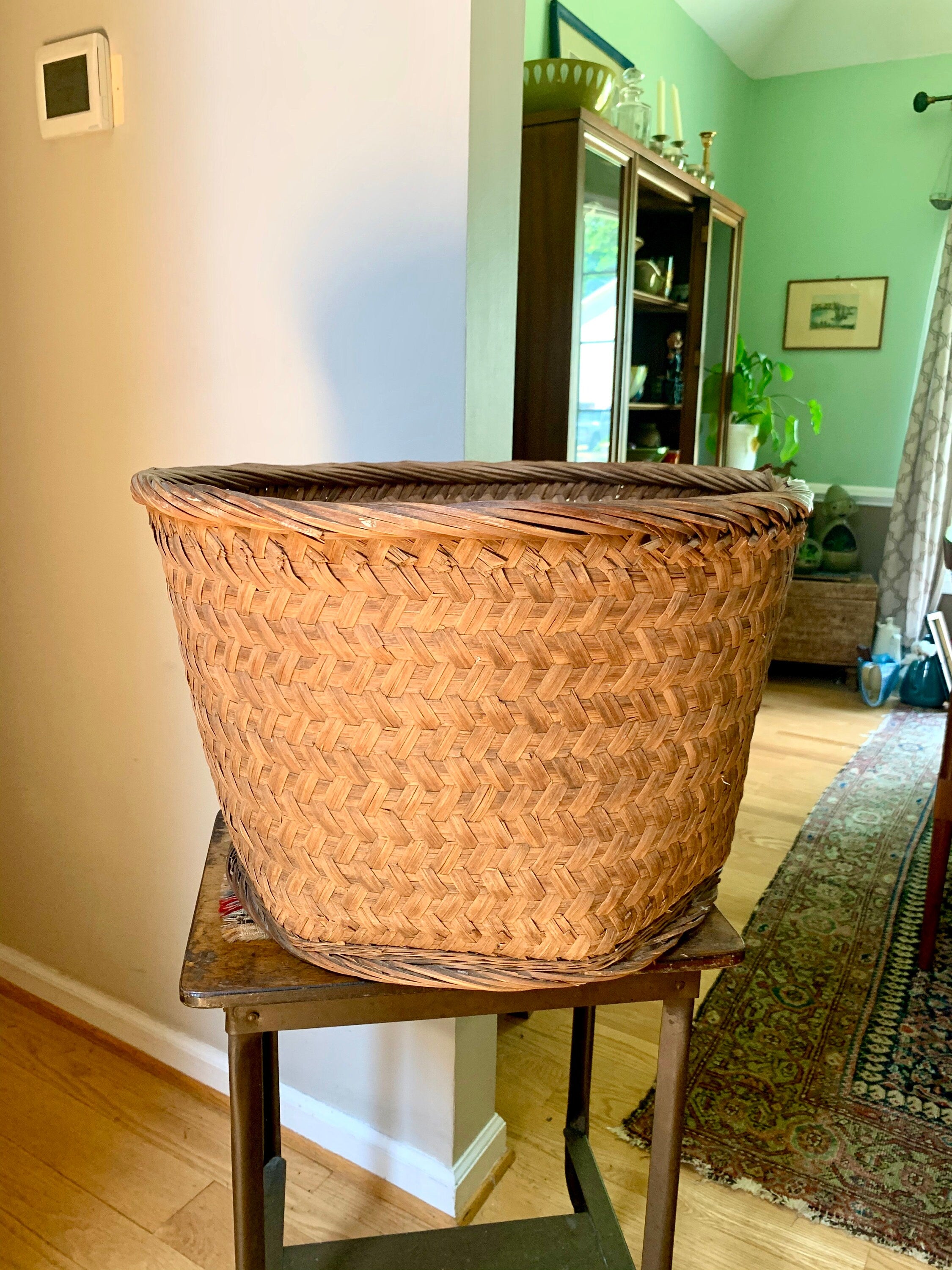 Vintage XL Wicker Basket  | Large Rattan Basket | Wicker Hamper | Woven Wicker Blanket Storage | Bohemian Storage | Antique Rattan Basket