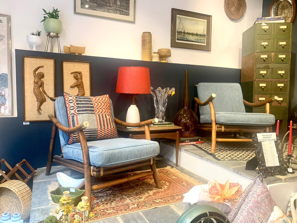 Pair of John Wisner Style Bamboo Lounge Chairs | Ficks Reed John Wisner MCM Lounge Chairs | Rattan MCM Lounge Chairs