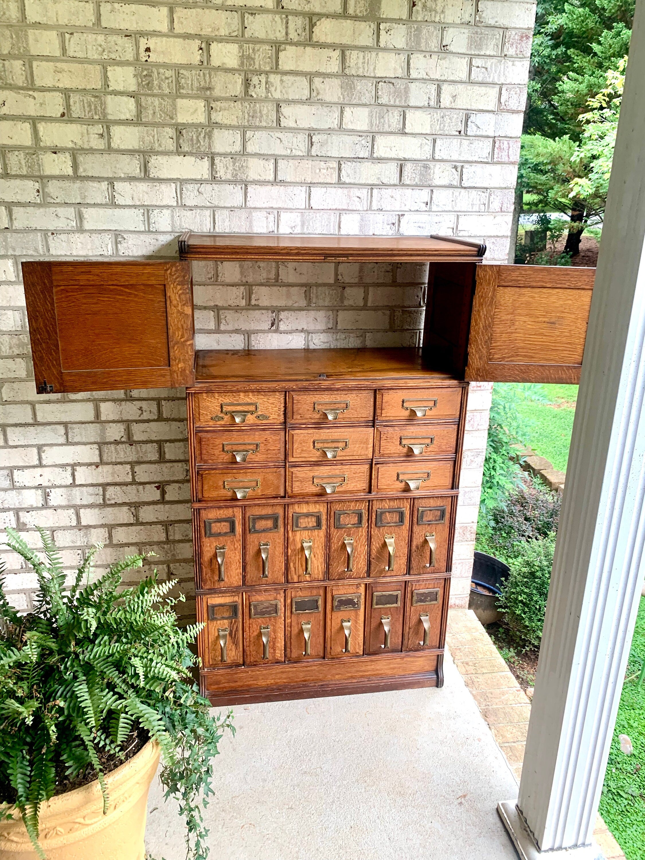 Antique Yawmen & Erbe Wood Filing Cabinet | Wooden 20 Drawer Library Index Card Catalog | Wooden Filing Cabinet | Storage Cabinet