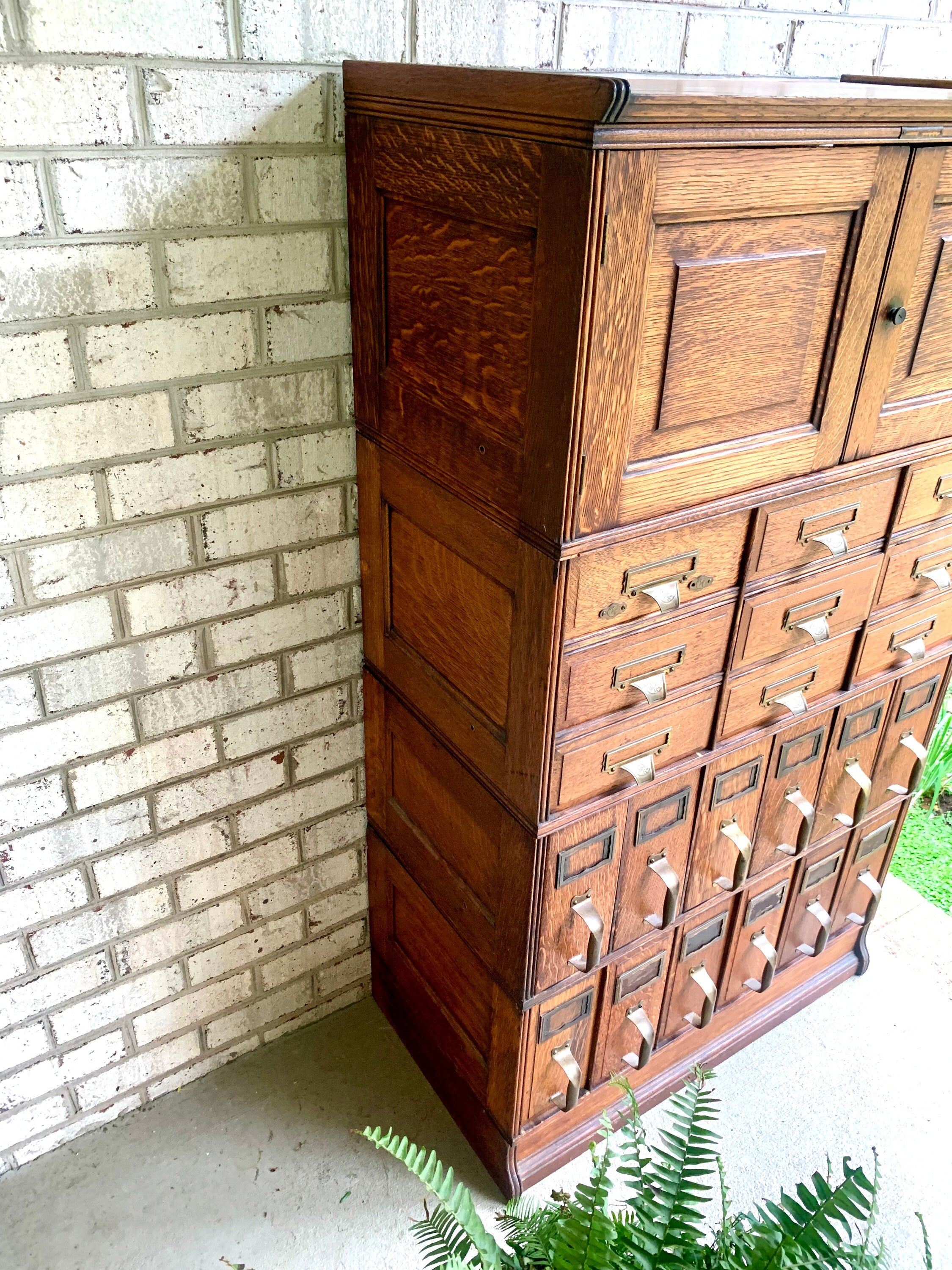 Antique Yawmen & Erbe Wood Filing Cabinet | Wooden 20 Drawer Library Index Card Catalog | Wooden Filing Cabinet | Storage Cabinet