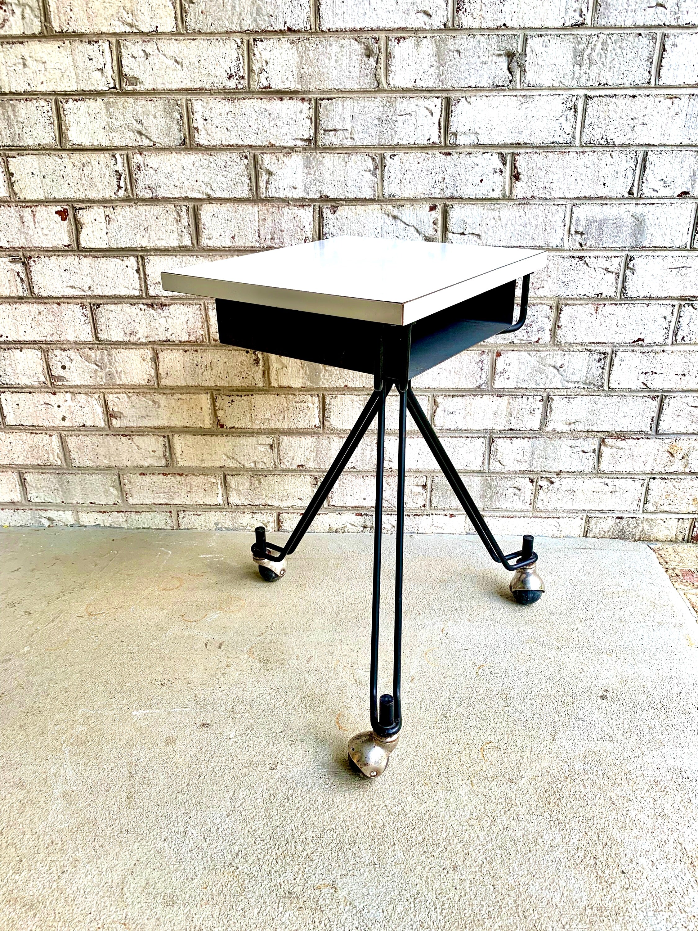 MCM Eliot Noyes Rolling Table | IBM Three Legged MCM Rolling Telephone Table | McM Night Stand | Mid Century End Table |