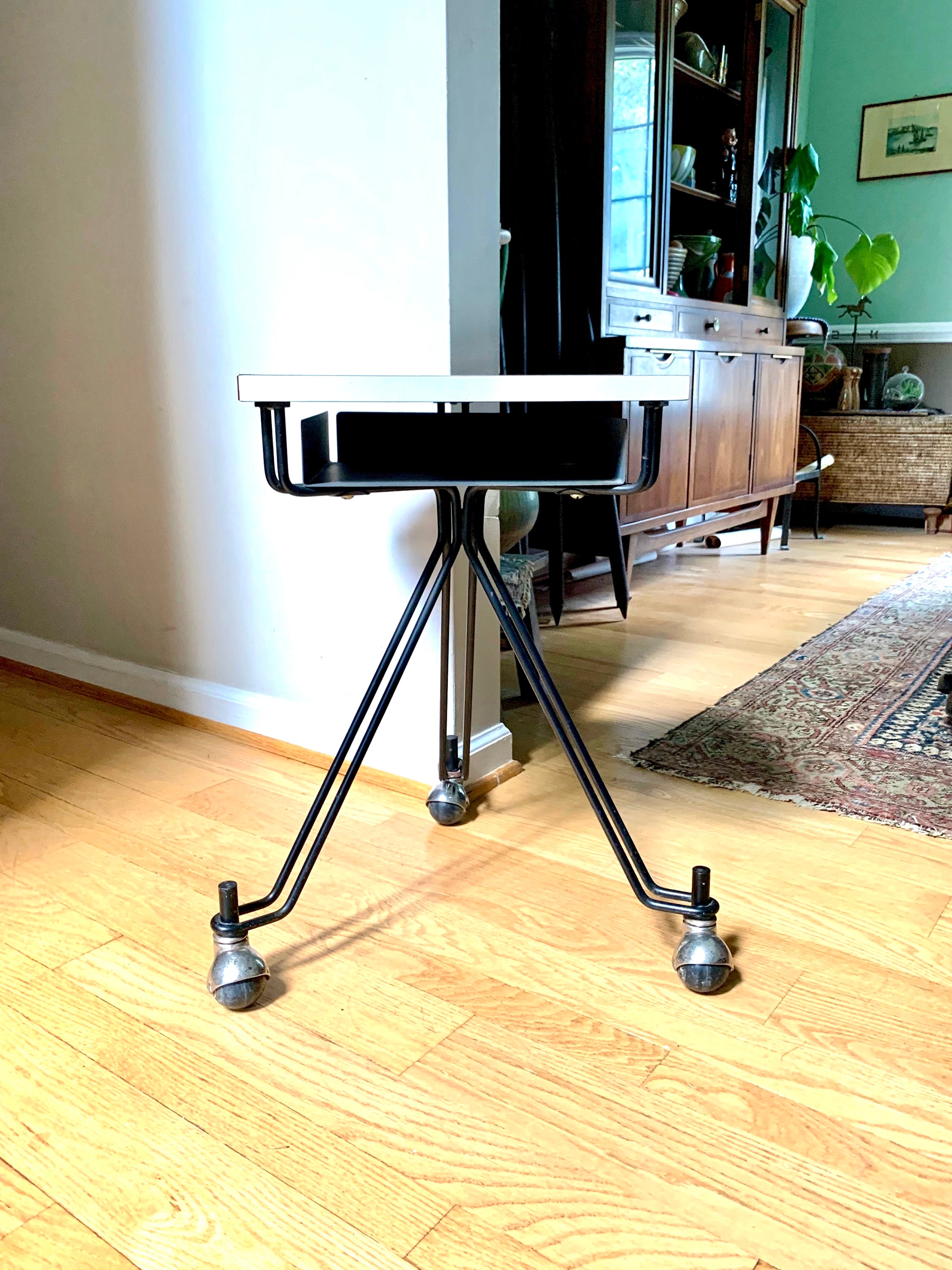 MCM Eliot Noyes Rolling Table | IBM Three Legged MCM Rolling Telephone Table | McM Night Stand | Mid Century End Table |