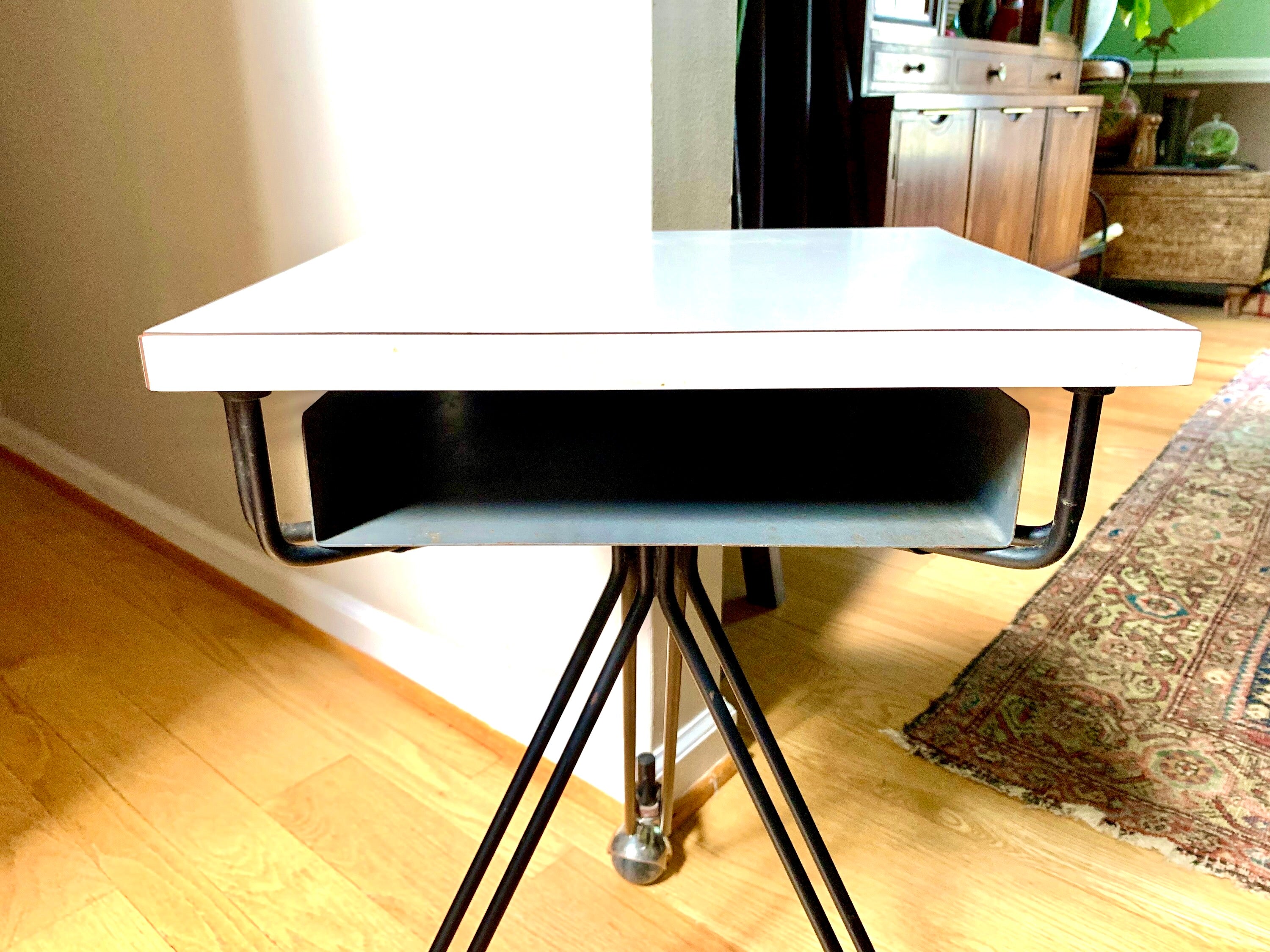 MCM Eliot Noyes Rolling Table | IBM Three Legged MCM Rolling Telephone Table | McM Night Stand | Mid Century End Table |