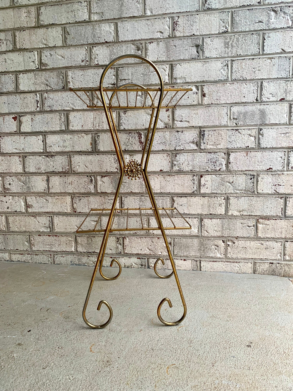 Vintage Eames Style Telephone Stand | Mid Century Telephone Stand | Hollywood Regency Wire Stand | Brass Wire Stand | Two Tiered Plant Stand