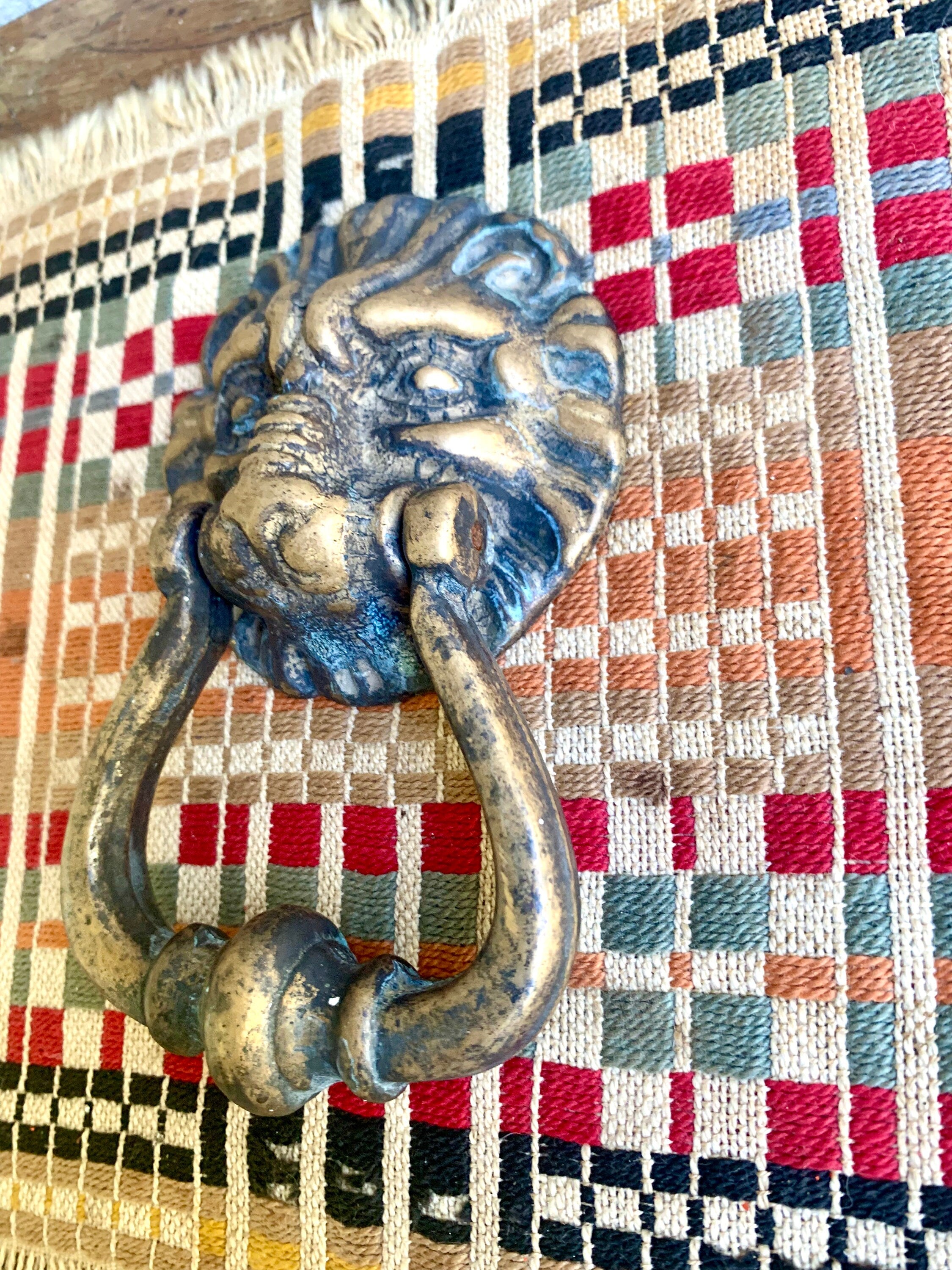 Small Brass Lion's Head Door Knocker | Rustic Door Knocker | Vintage Lion Head Towel Hoop | Decorative Front Door Hardware Hollywood Regency