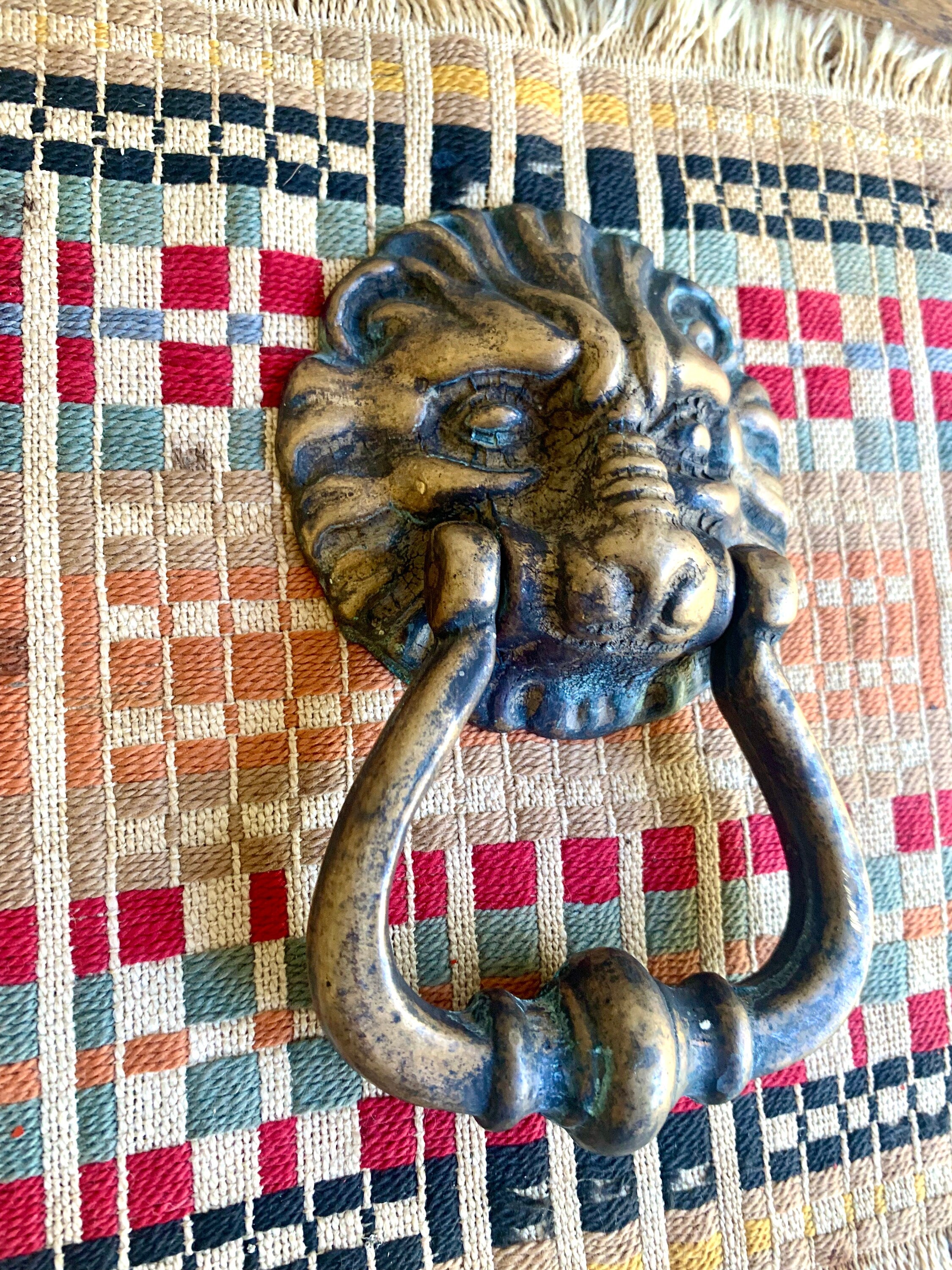 Small Brass Lion's Head Door Knocker | Rustic Door Knocker | Vintage Lion Head Towel Hoop | Decorative Front Door Hardware Hollywood Regency