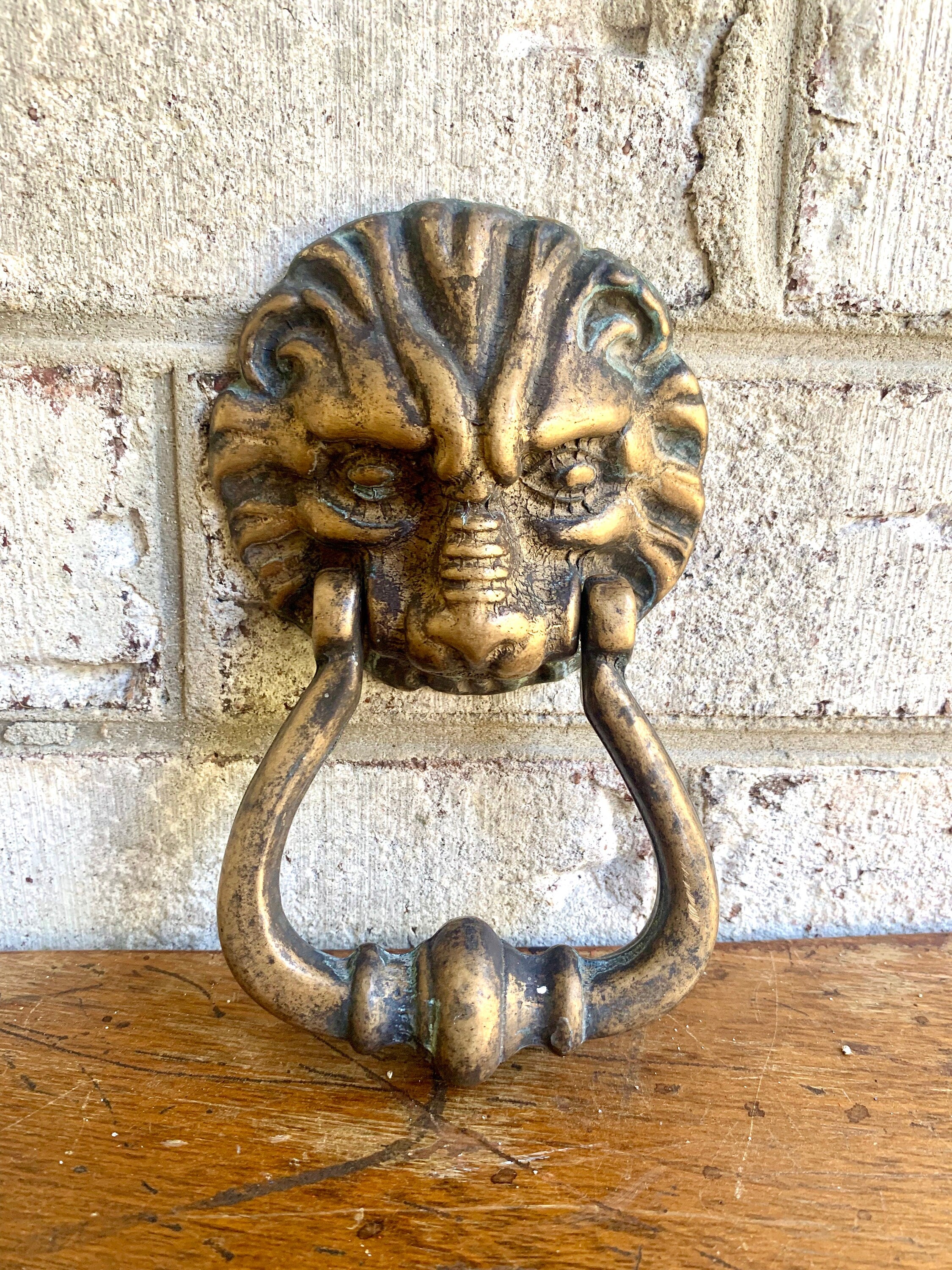 Small Brass Lion's Head Door Knocker | Rustic Door Knocker | Vintage Lion Head Towel Hoop | Decorative Front Door Hardware Hollywood Regency
