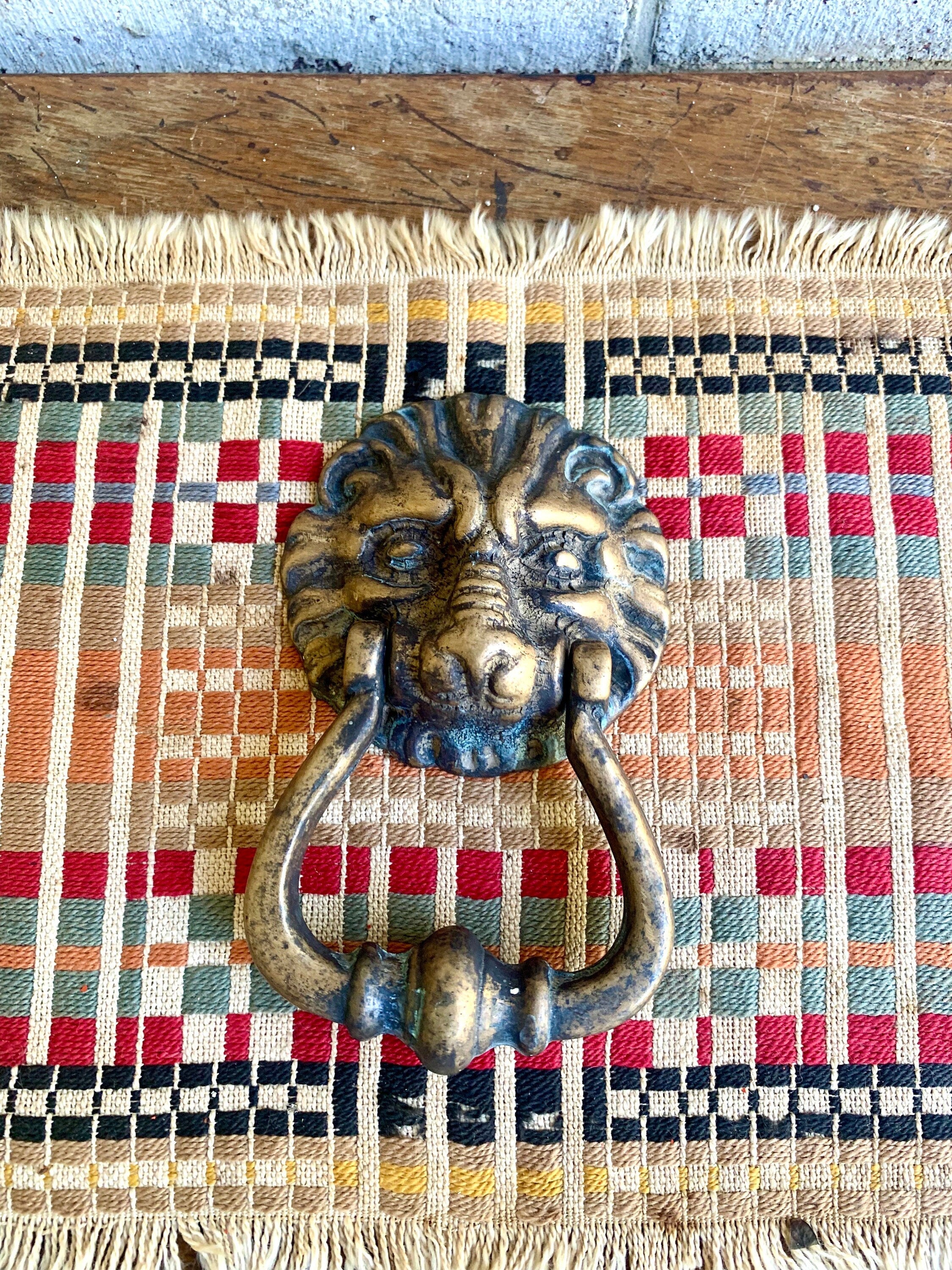 Small Brass Lion's Head Door Knocker | Rustic Door Knocker | Vintage Lion Head Towel Hoop | Decorative Front Door Hardware Hollywood Regency