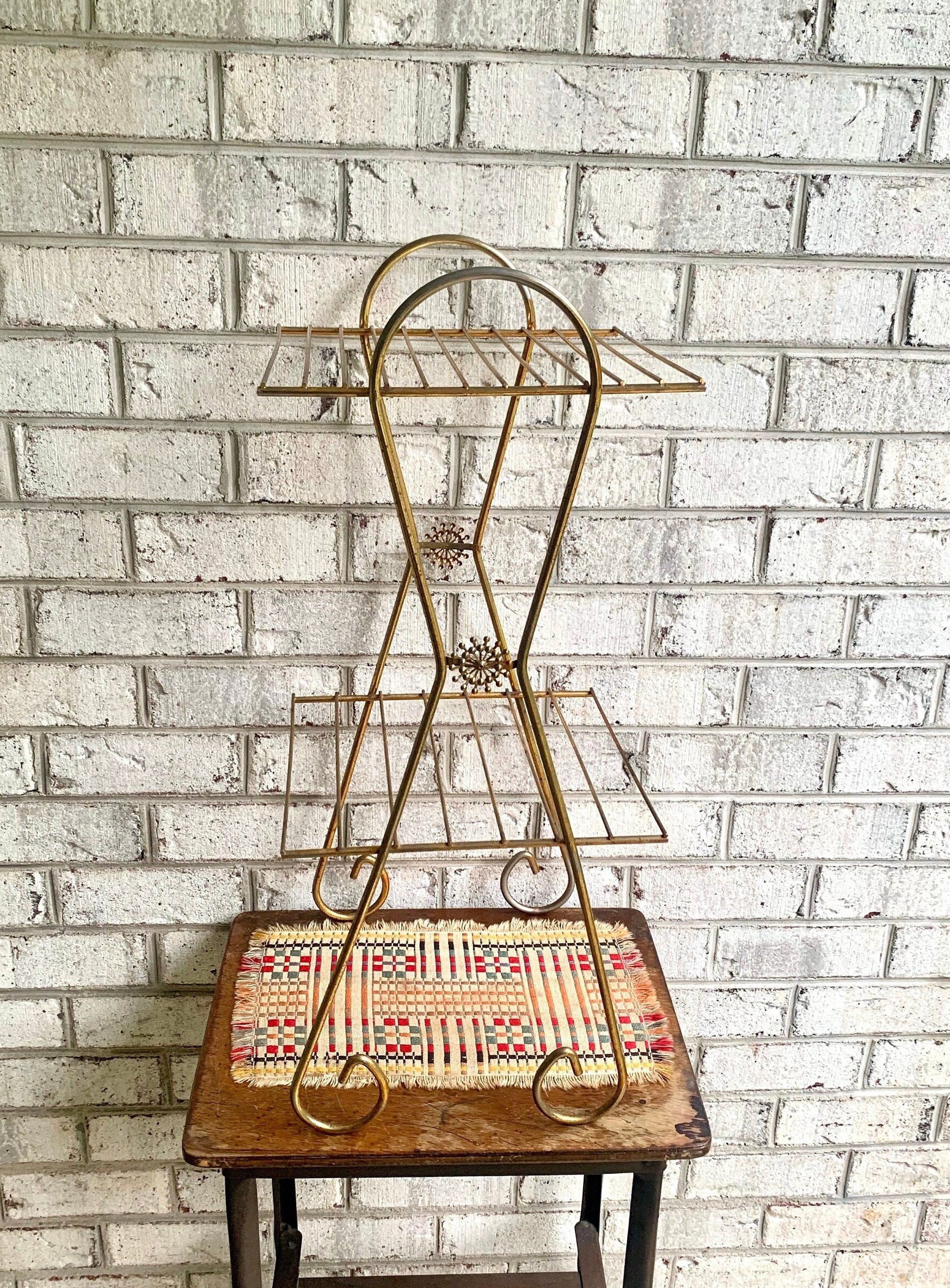 Vintage Eames Style Telephone Stand | Mid Century Telephone Stand | Hollywood Regency Wire Stand | Brass Wire Stand | Two Tiered Plant Stand