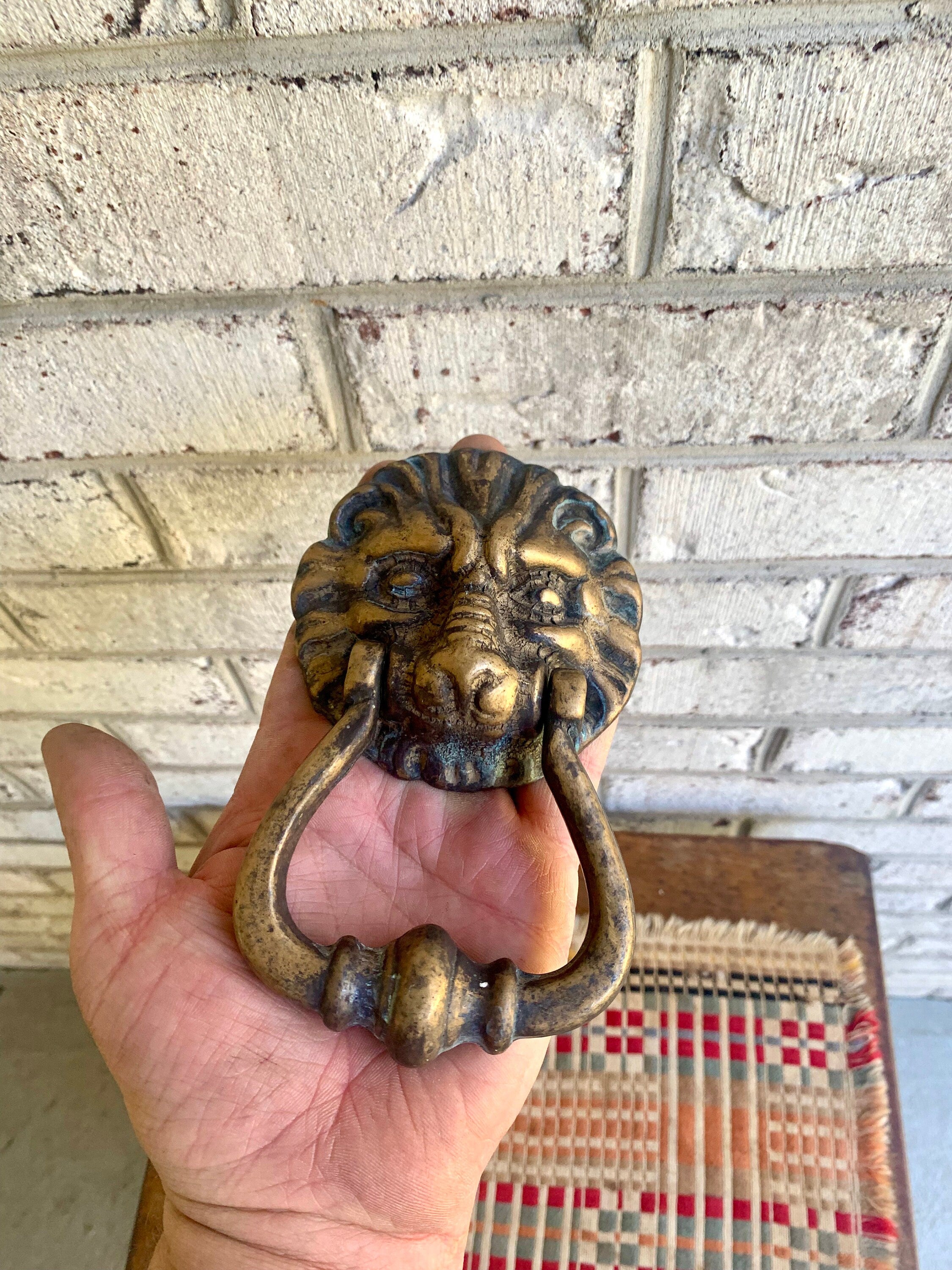 Small Brass Lion's Head Door Knocker | Rustic Door Knocker | Vintage Lion Head Towel Hoop | Decorative Front Door Hardware Hollywood Regency