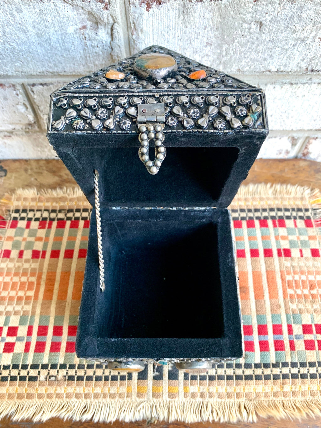 Vtg Moroccan Wedding Box | Semi Precious Stone Inlaid Box | Silvered Precious Stone Wedding Box | Moroccan Trinket Box