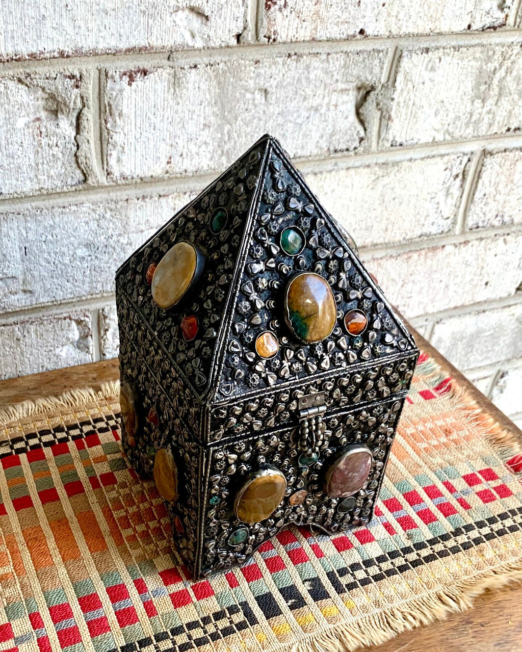 Vtg Moroccan Wedding Box | Semi Precious Stone Inlaid Box | Silvered Precious Stone Wedding Box | Moroccan Trinket Box