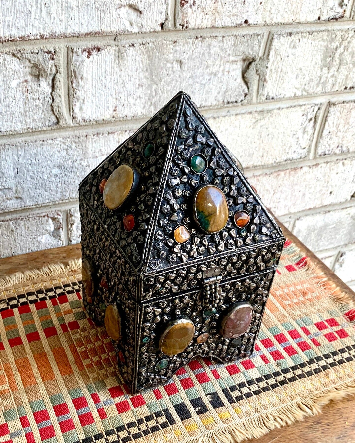 Vtg Moroccan Wedding Box | Semi Precious Stone Inlaid Box | Silvered Precious Stone Wedding Box | Moroccan Trinket Box