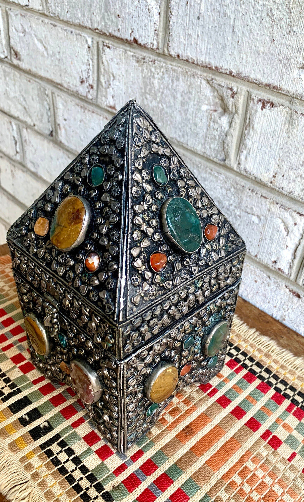 Vtg Moroccan Wedding Box | Semi Precious Stone Inlaid Box | Silvered Precious Stone Wedding Box | Moroccan Trinket Box