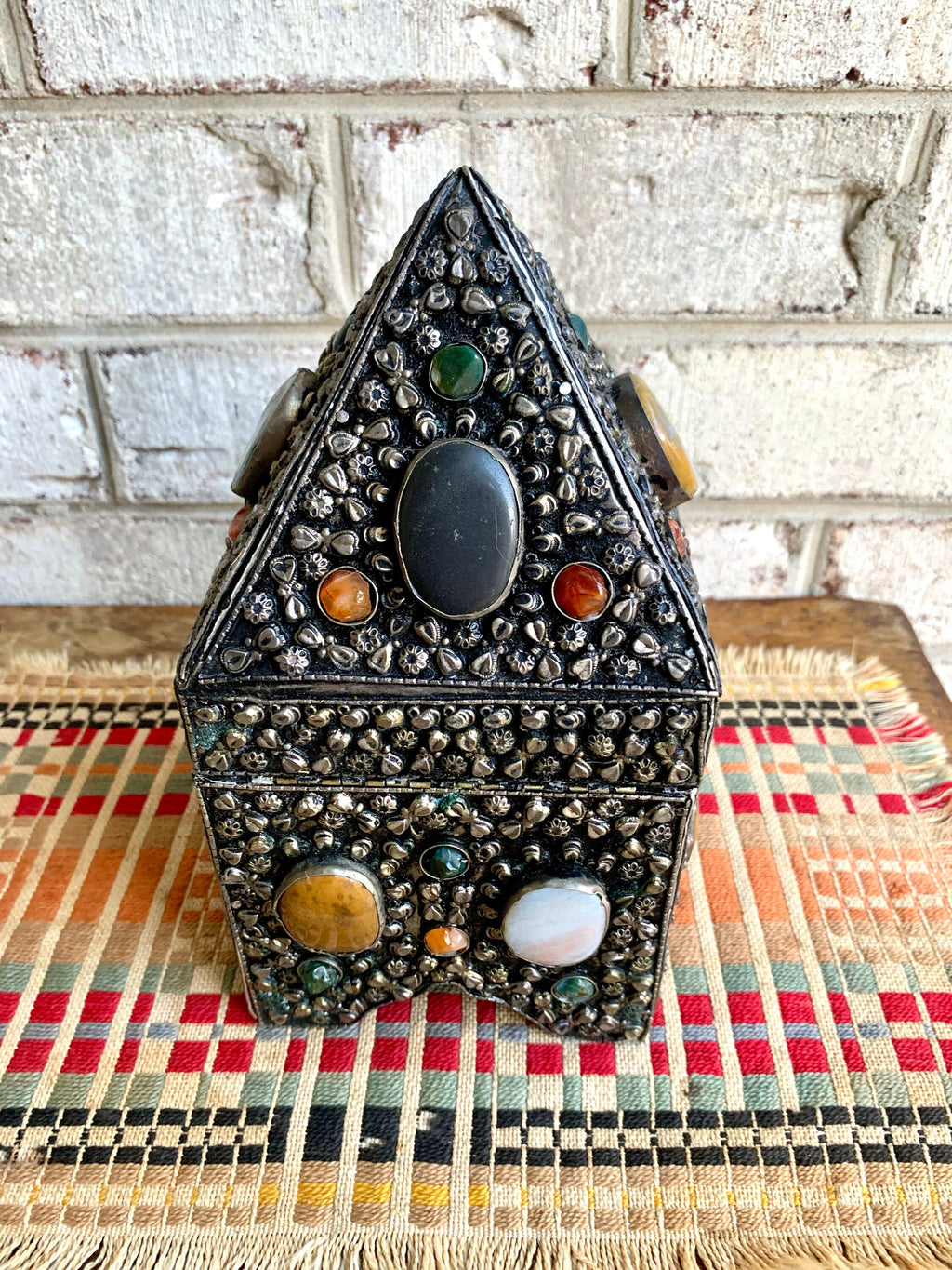 Vtg Moroccan Wedding Box | Semi Precious Stone Inlaid Box | Silvered Precious Stone Wedding Box | Moroccan Trinket Box