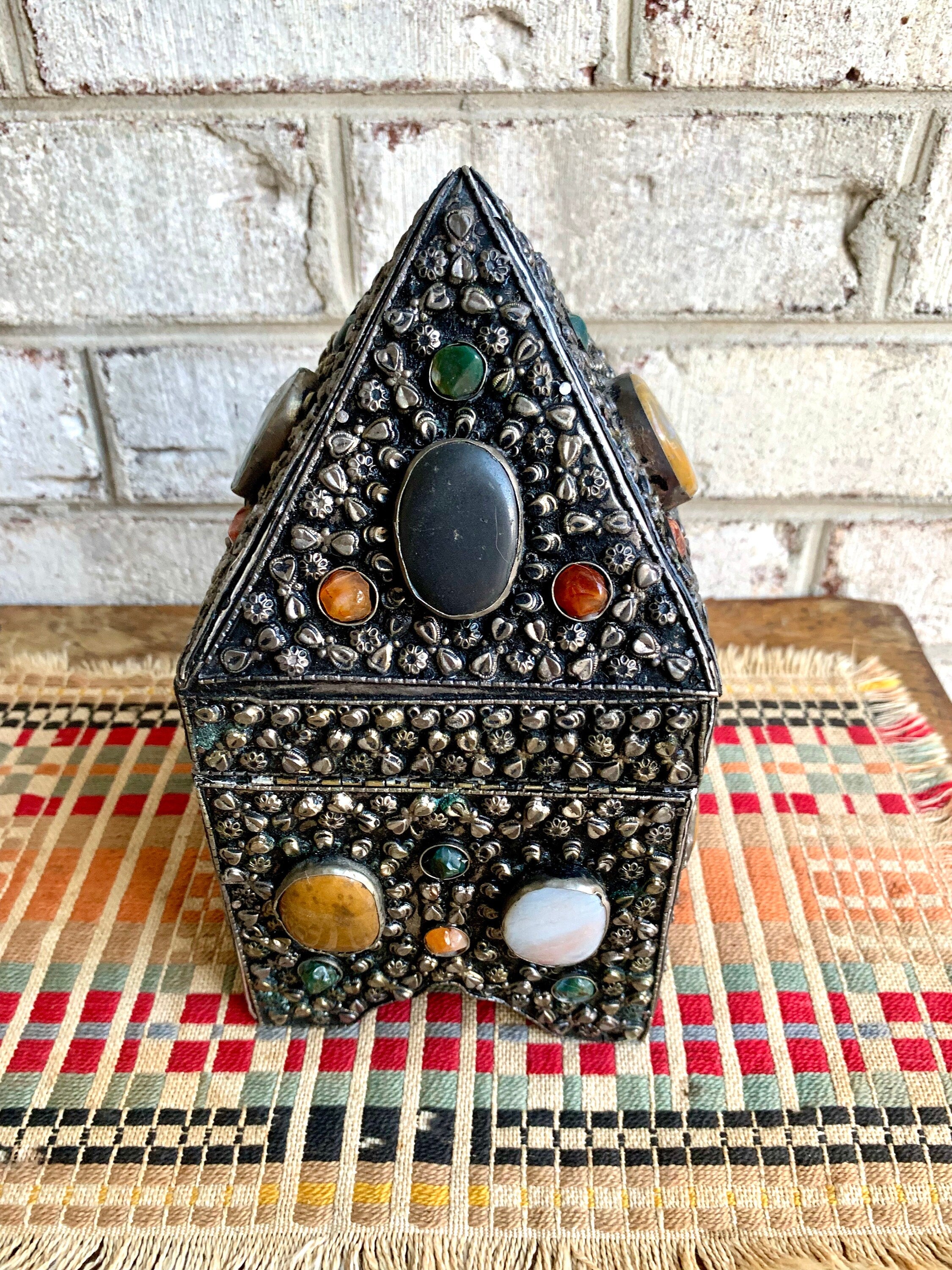 Vtg Moroccan Wedding Box | Semi Precious Stone Inlaid Box | Silvered Precious Stone Wedding Box | Moroccan Trinket Box