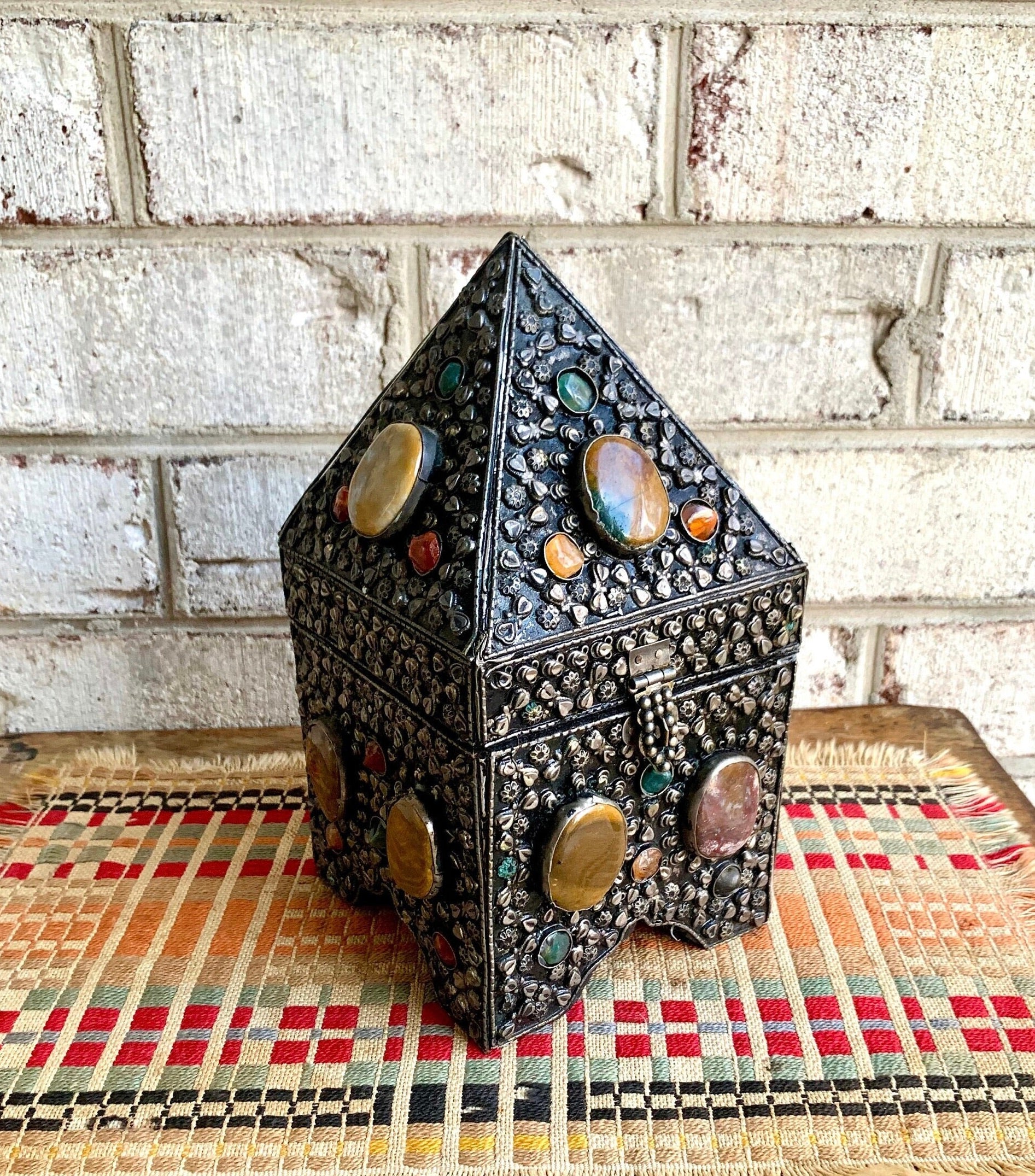 Vtg Moroccan Wedding Box | Semi Precious Stone Inlaid Box | Silvered Precious Stone Wedding Box | Moroccan Trinket Box