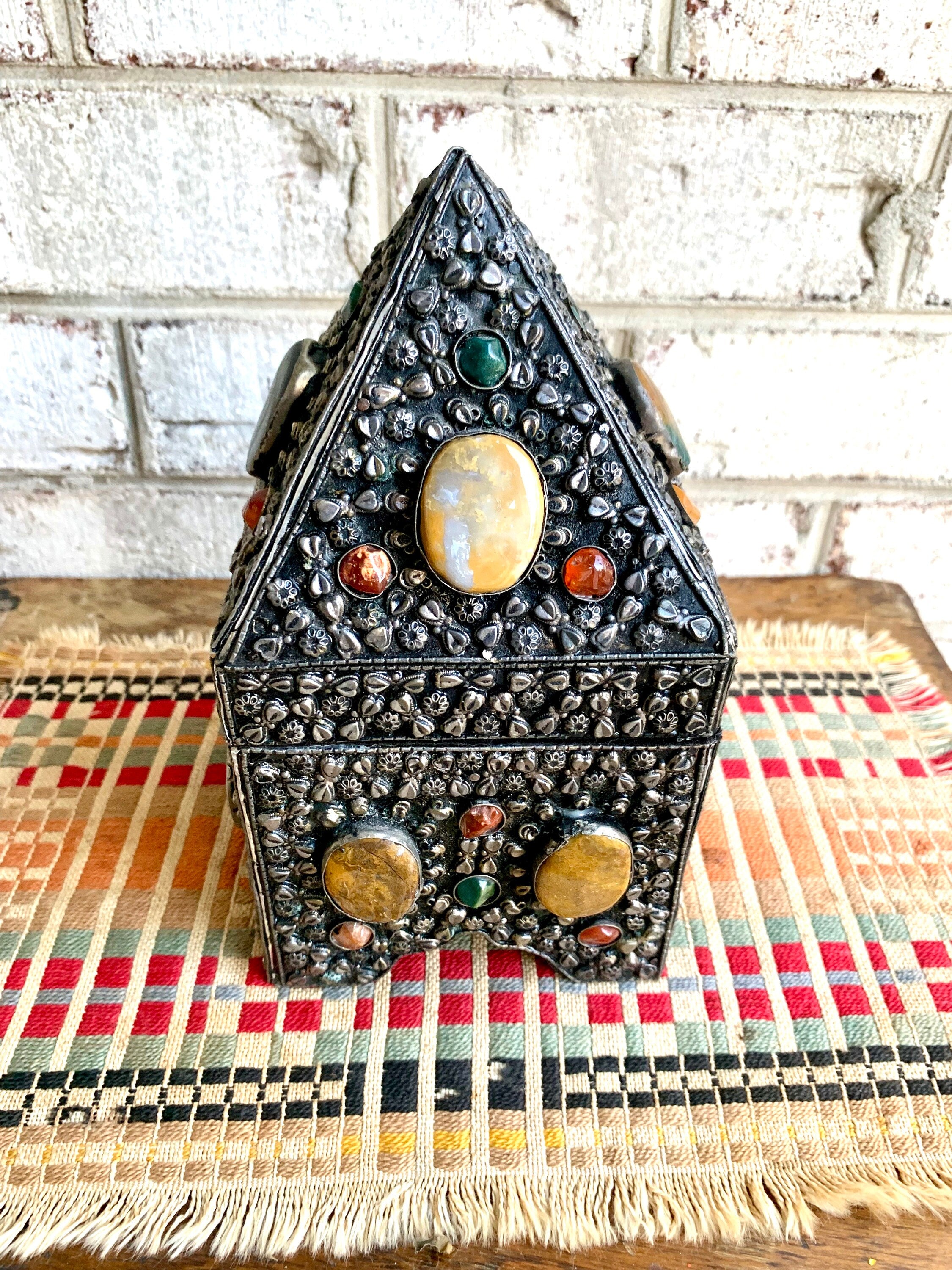 Vtg Moroccan Wedding Box | Semi Precious Stone Inlaid Box | Silvered Precious Stone Wedding Box | Moroccan Trinket Box