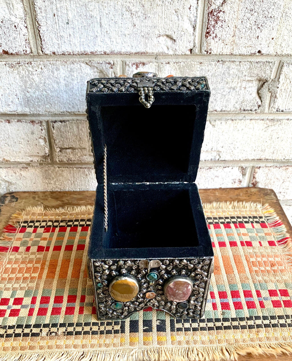 Vtg Moroccan Wedding Box | Semi Precious Stone Inlaid Box | Silvered Precious Stone Wedding Box | Moroccan Trinket Box